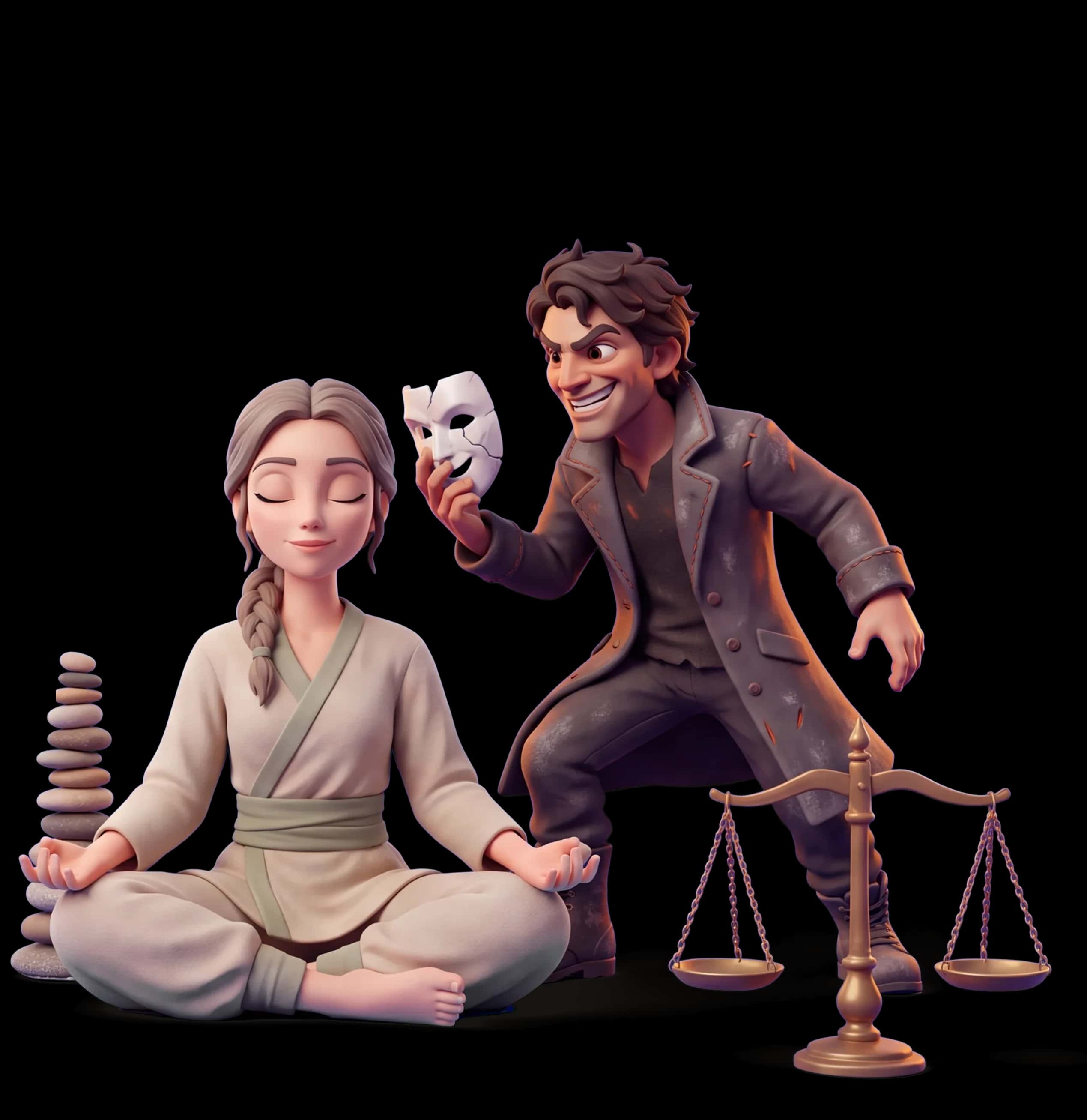 Clay figures of the Guardian asking the Wildcard for his coin while the Destroyer fails to distract the meditating Balance Keeper