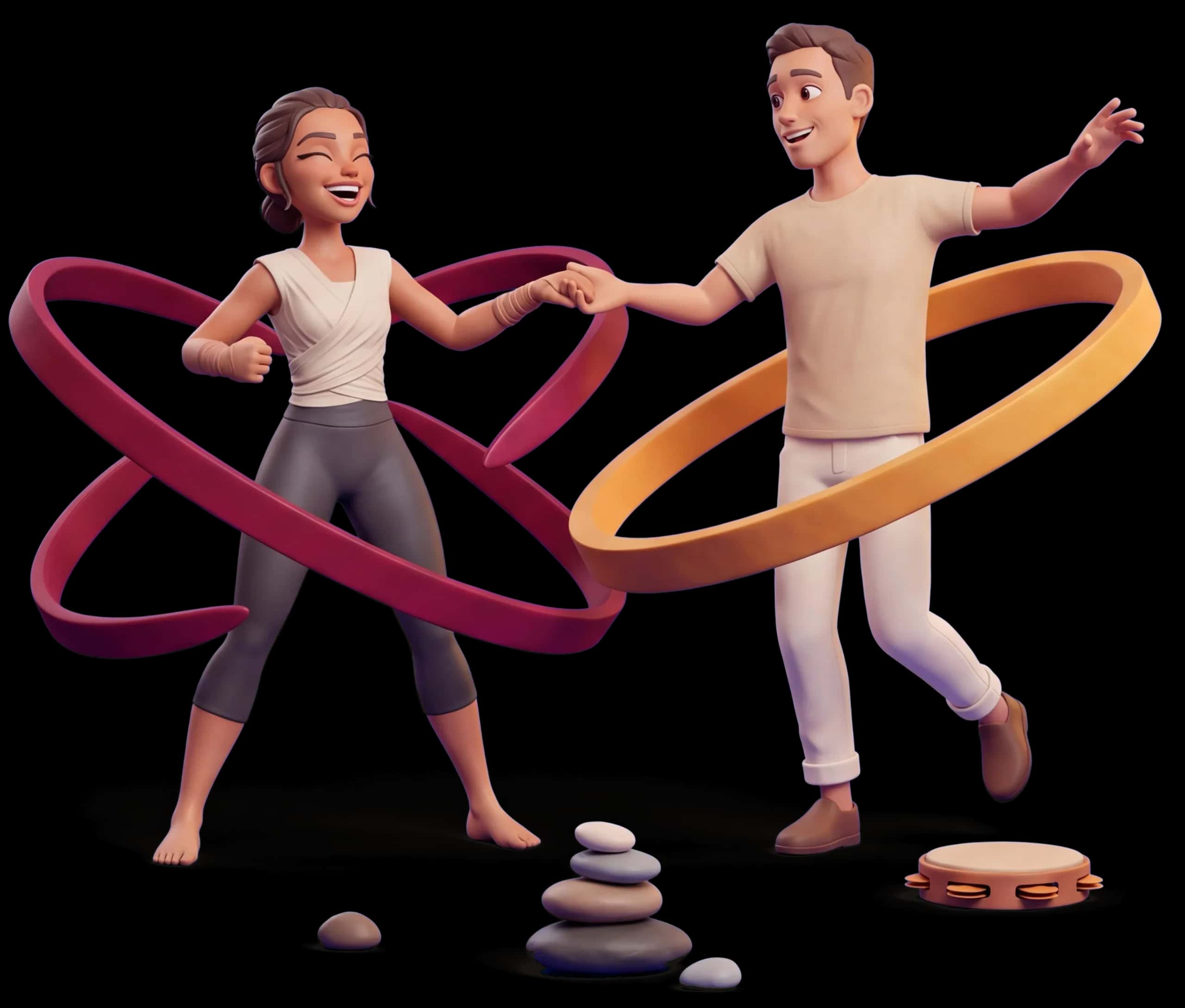 Clay figures with colored aura ribbons: red and orange dancing, green showing gold her flowering plant