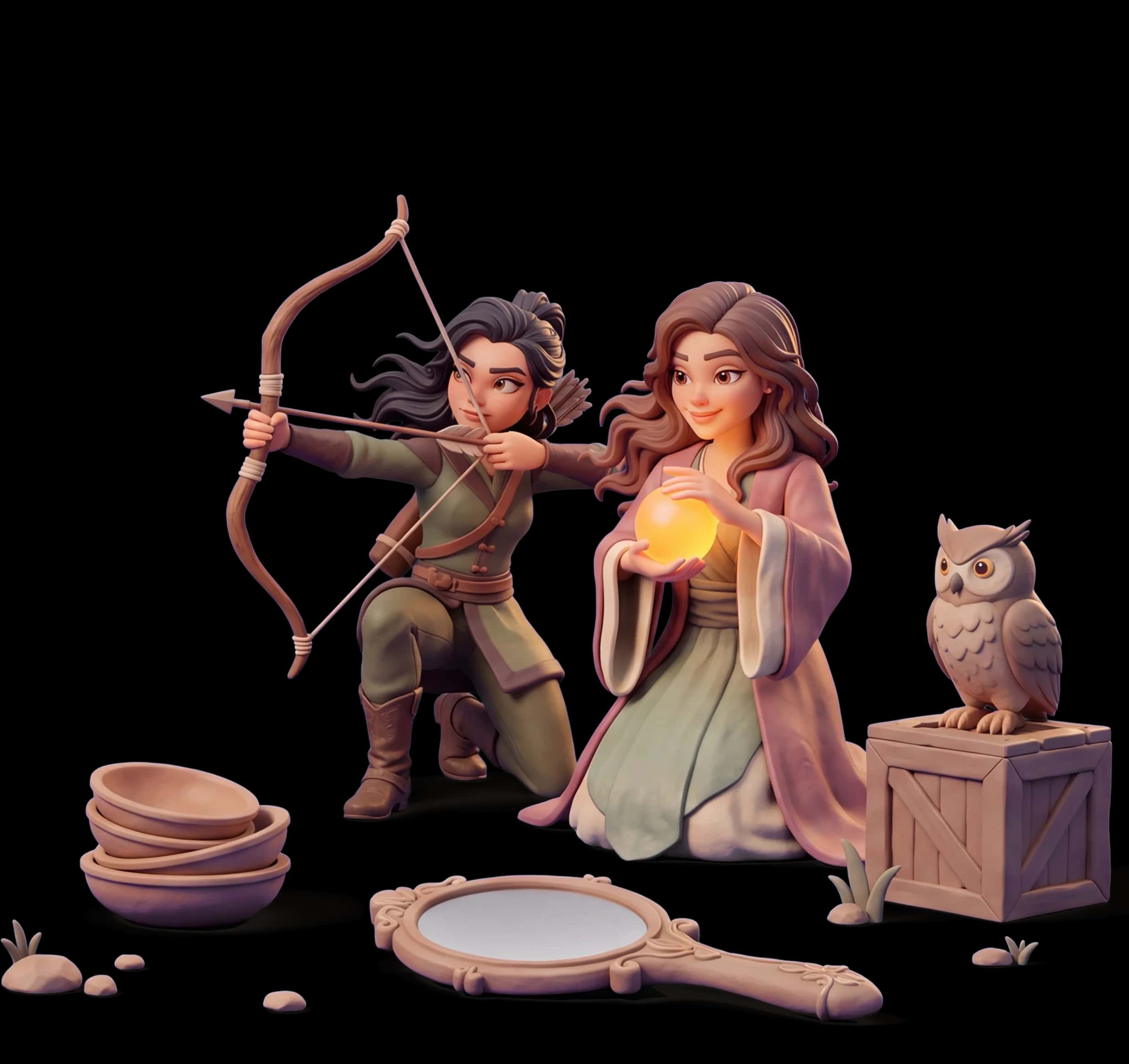 Clay figures of the Mystic and Huntress scouting together while the Wild Woman drums and the Queen claps along
