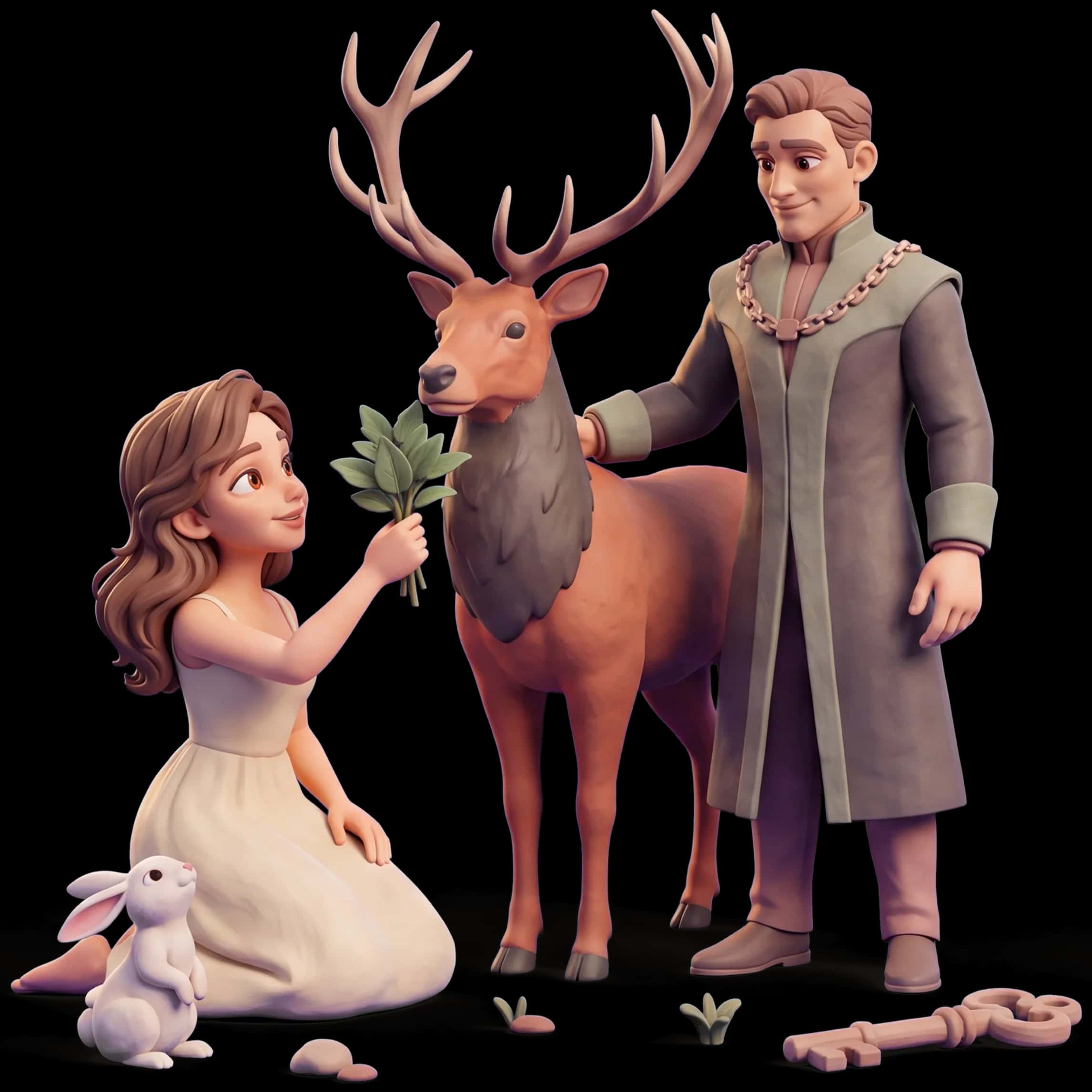 Clay figures of the Innocent and Ruler tending a stag while the Sage shows the Jester a page from her book