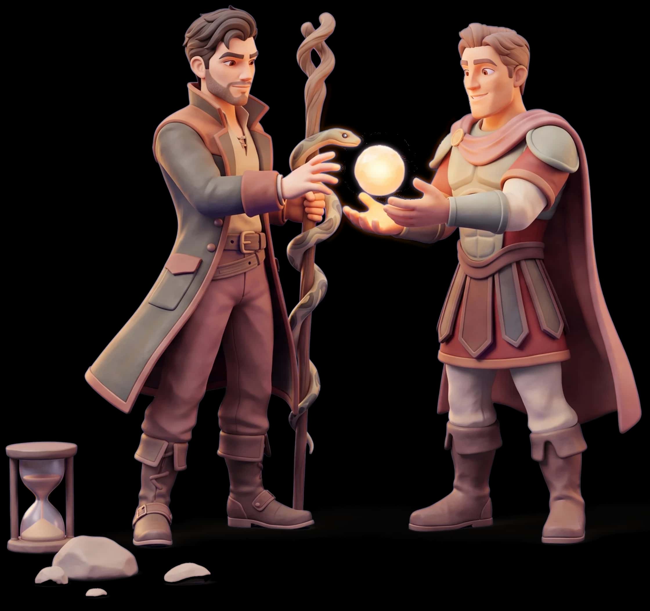 Clay figures of the Magician handing a glowing orb to the Hero while the King and Explorer study a map together