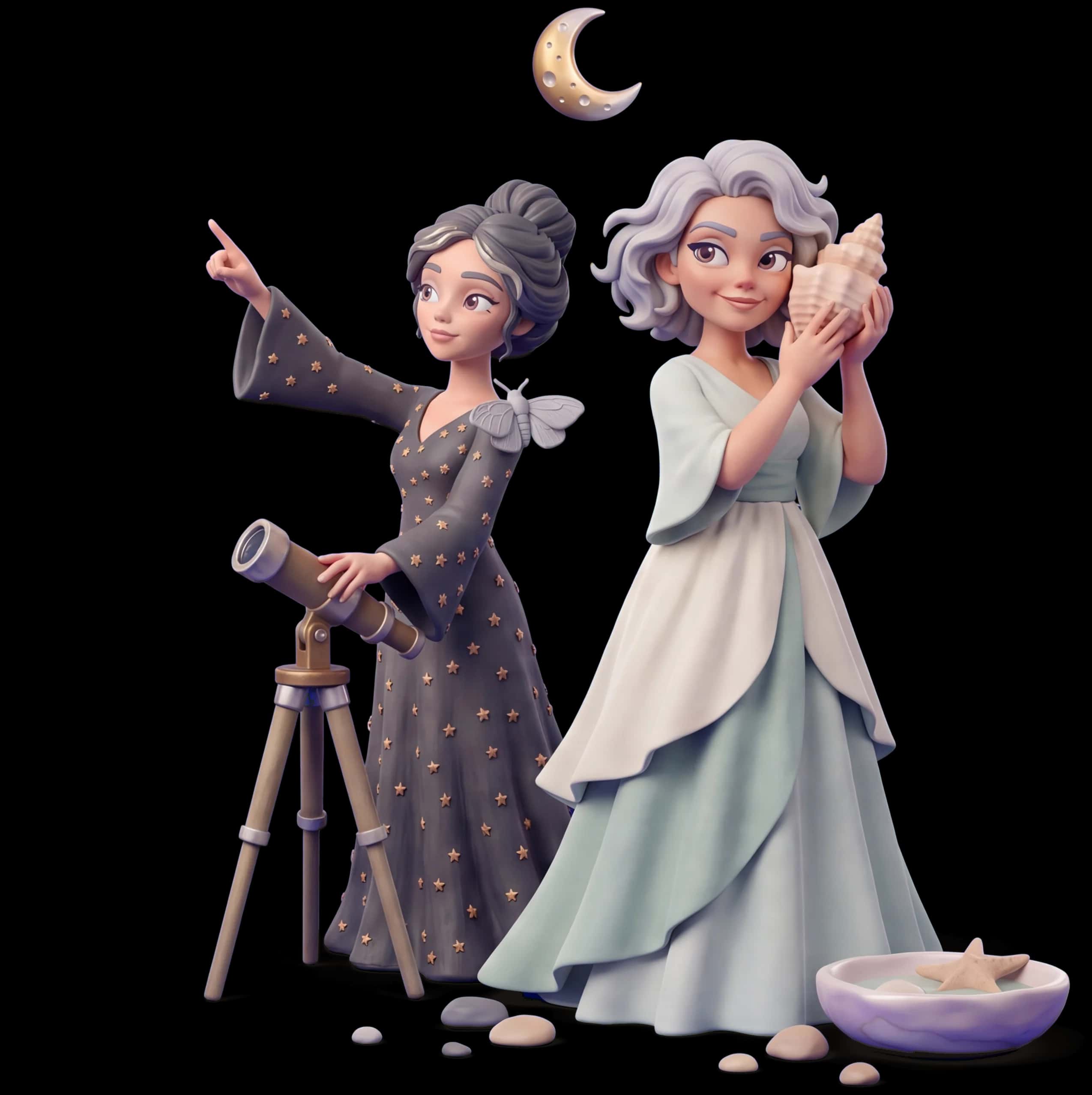 Clay figures of the Kitchen Witch offering the Green Witch a taste while the Cosmic Witch and Sea Witch read the moon together