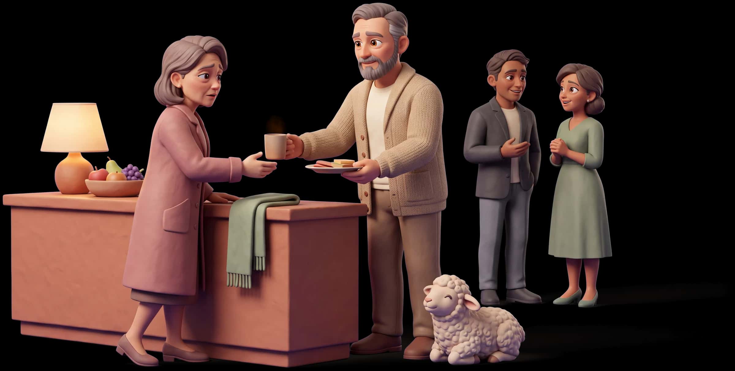 Clay scene: The Caregiver stands at a kitchen counter setting a mug of tea and a plate into a partner's hands as she comes in tired, coat still on