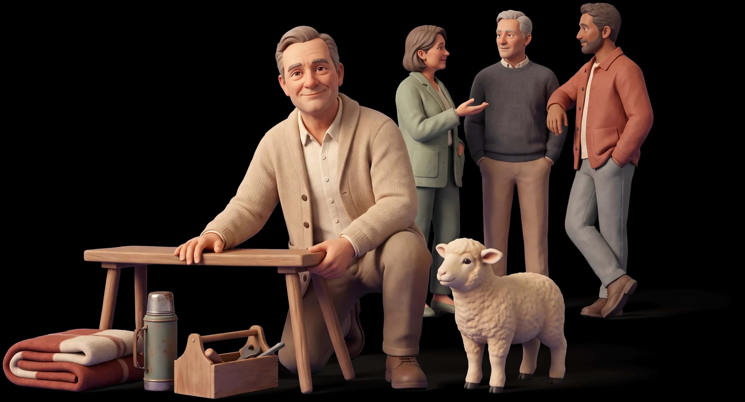 Clay scene: The Caregiver crouches on one knee beside a low bench steadying a shaky table leg, but his head is up and turned toward the camera with a small satisfied smile, both eyes clearly visible