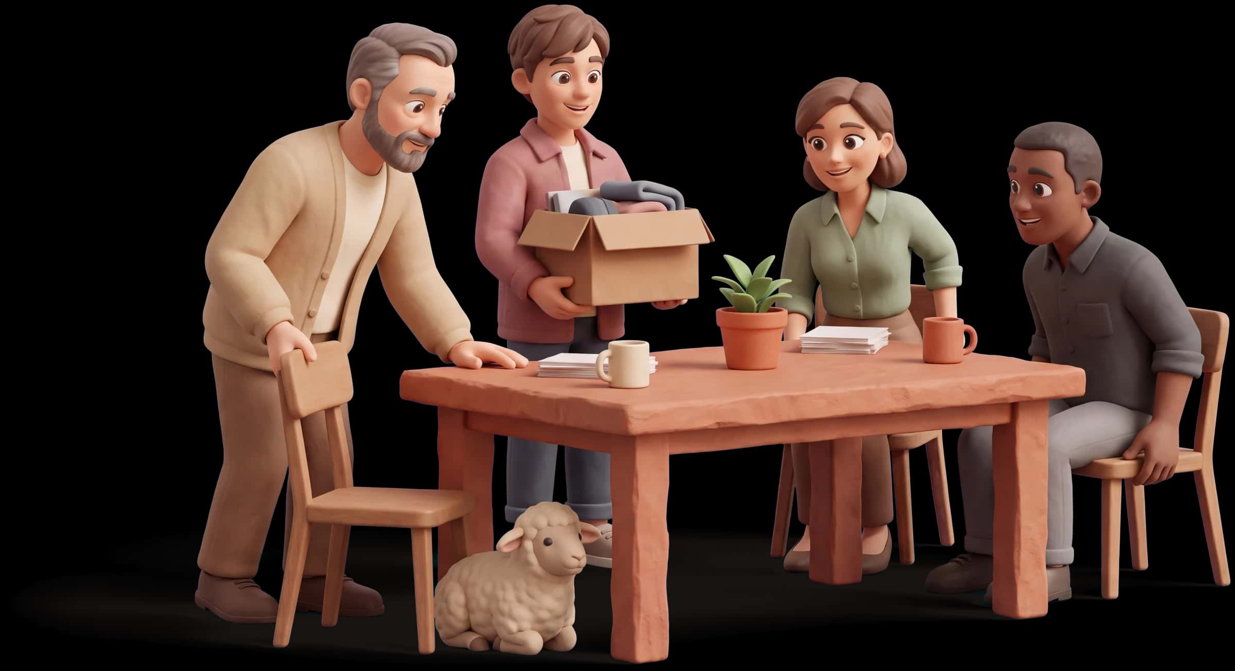 Clay scene: The Caregiver sets a chair at a table for a newcomer holding a box of belongings while two colleagues make room
