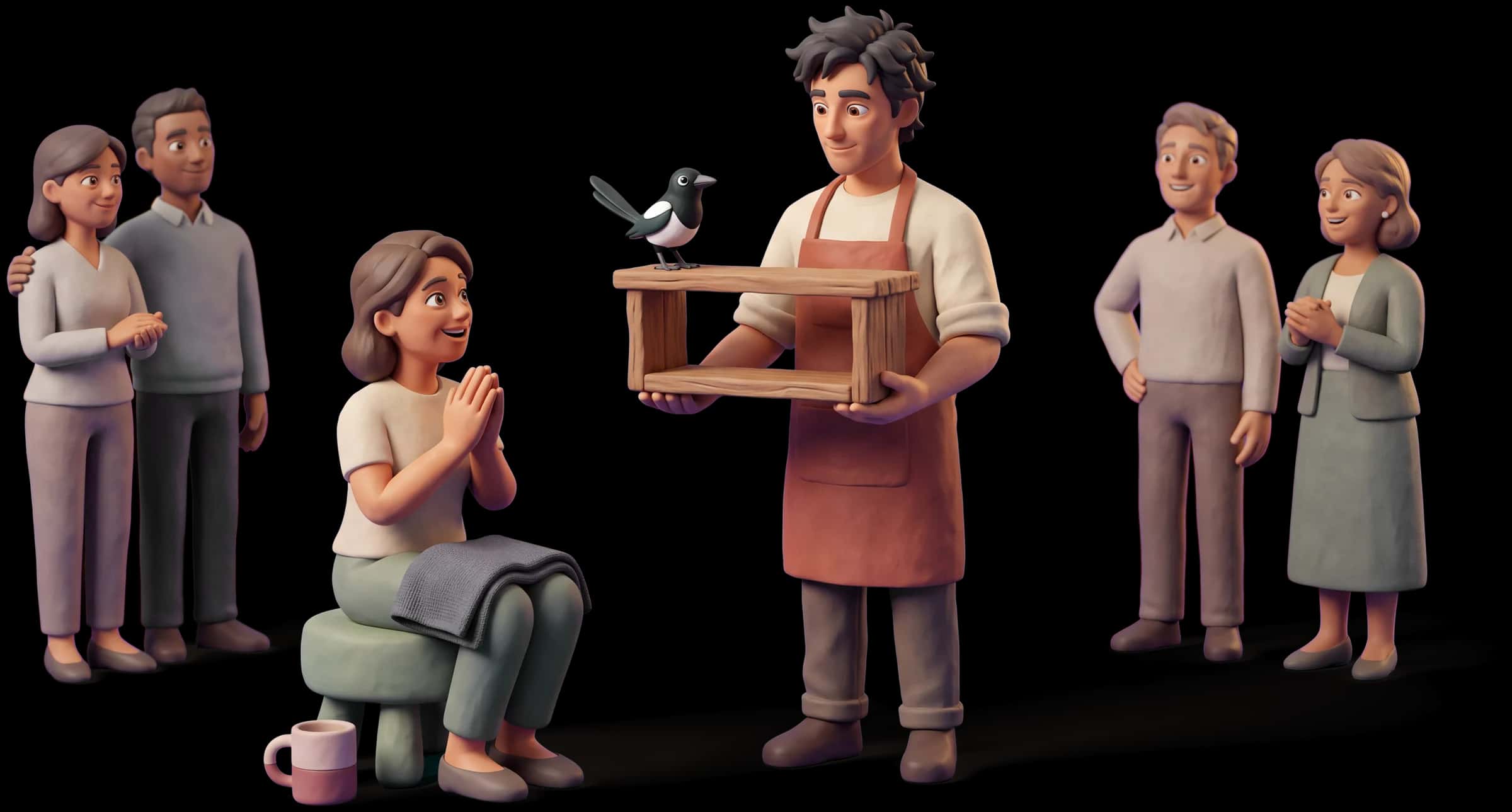 Clay scene: The Creator stands holding a small handmade shelf out at chest height for a partner to see, both of them full length and at the same natural adult scale, she sitting on a low stool with her hands together, delighted
