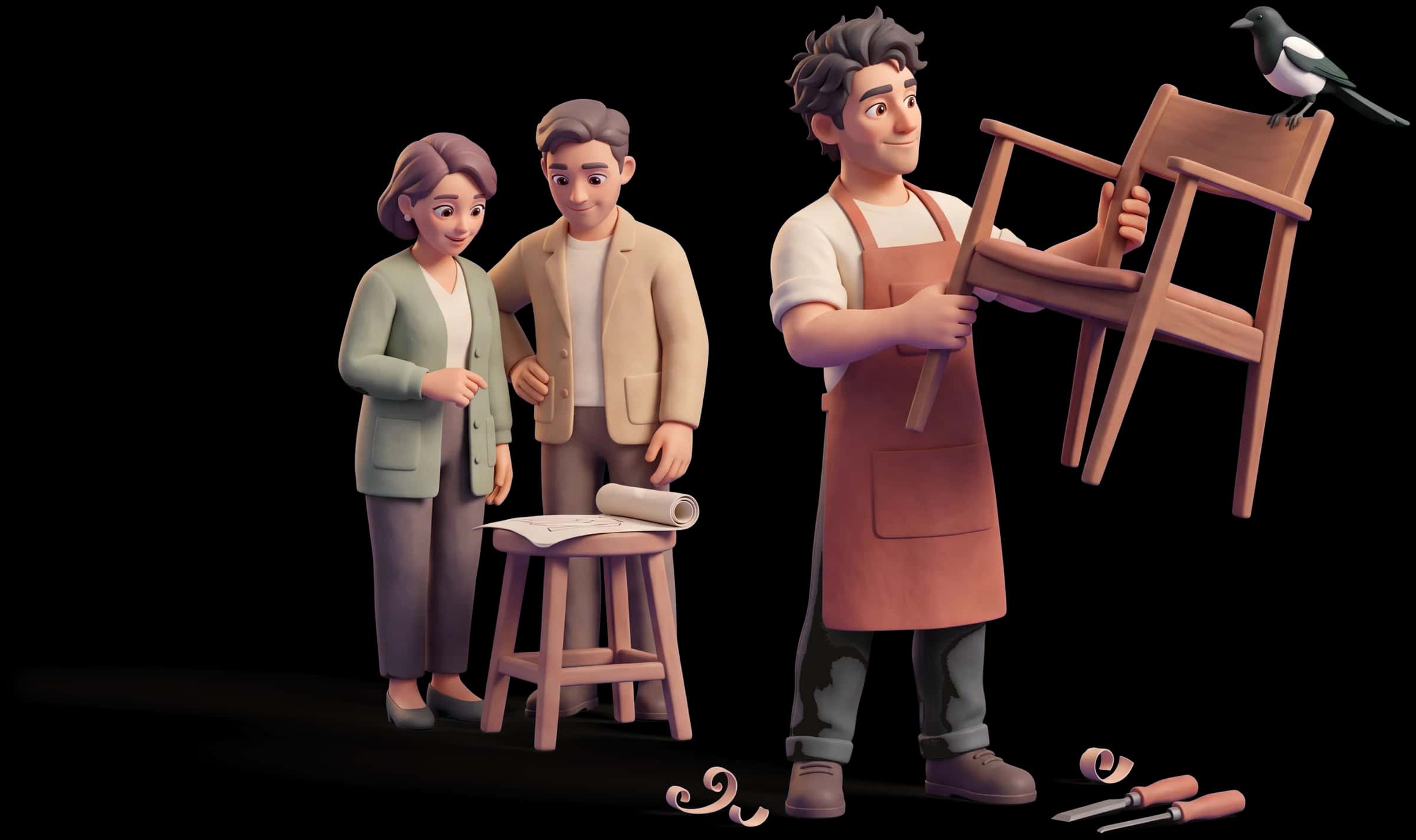 Clay scene: The Creator holds a finished wooden chair up in both hands, turning it to look at it, while two people beside him look at the rough sketch of it lying on a low stool