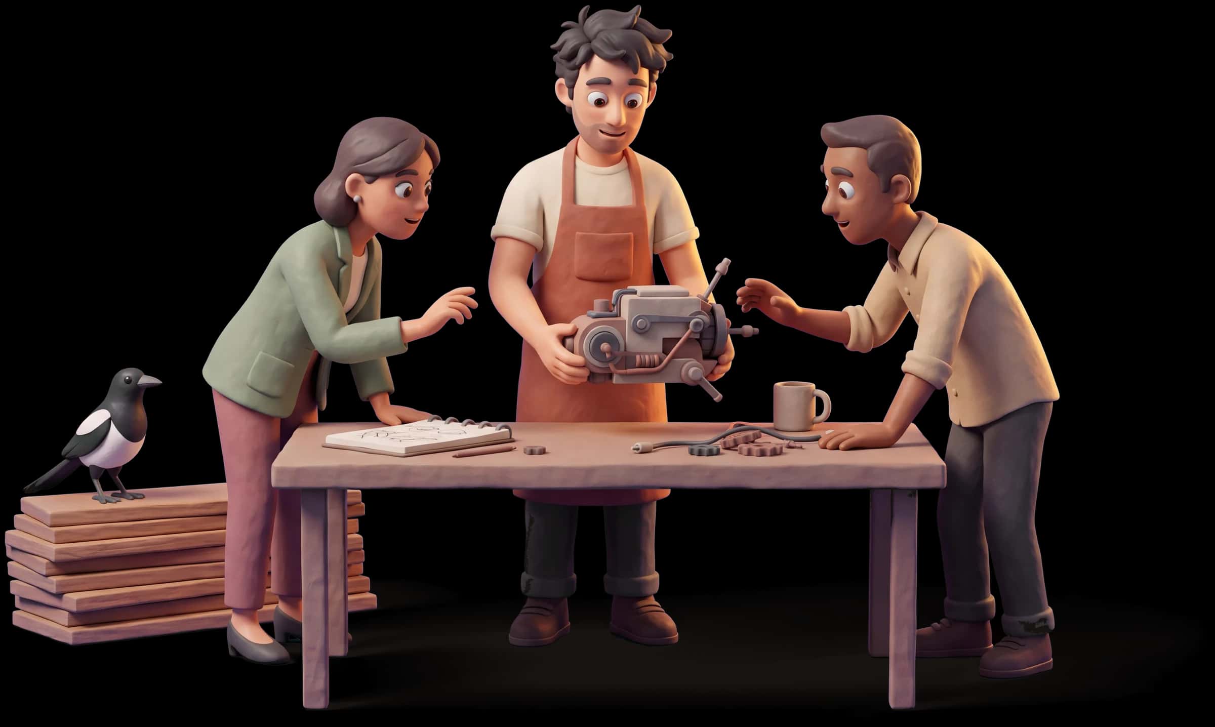 Clay scene: The Creator sets a finished prototype on a table between two colleagues who lean in to turn it over
