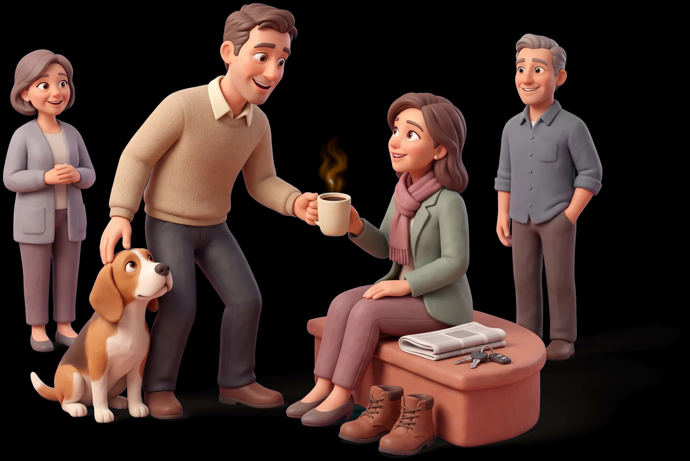 Clay scene: The Everyman hands a partner a coffee made exactly right as she sits down on the front step beside him