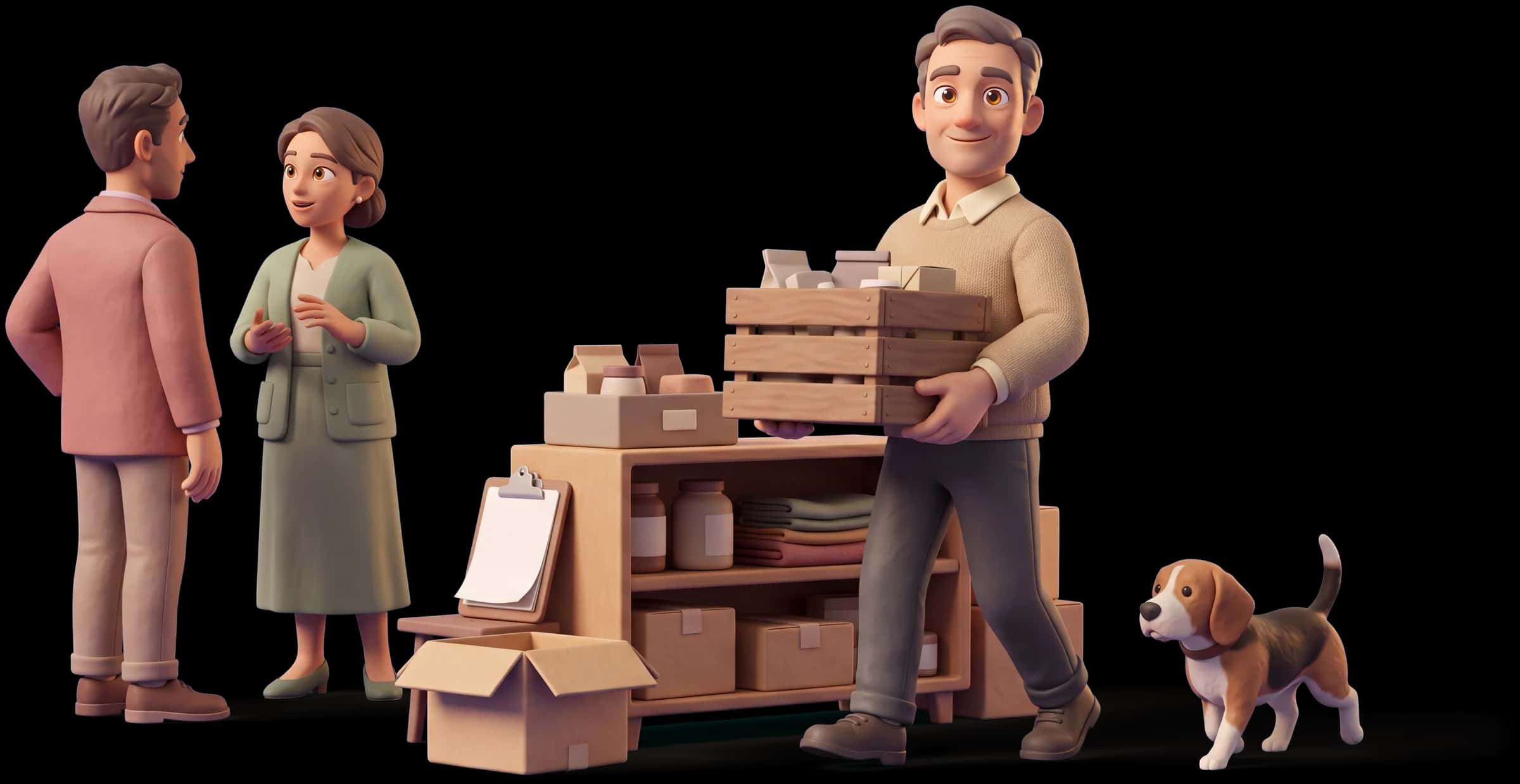 Clay scene: The Everyman carries a heavy crate of supplies past two colleagues absorbed in a conversation, quietly restocking a shelf as he goes