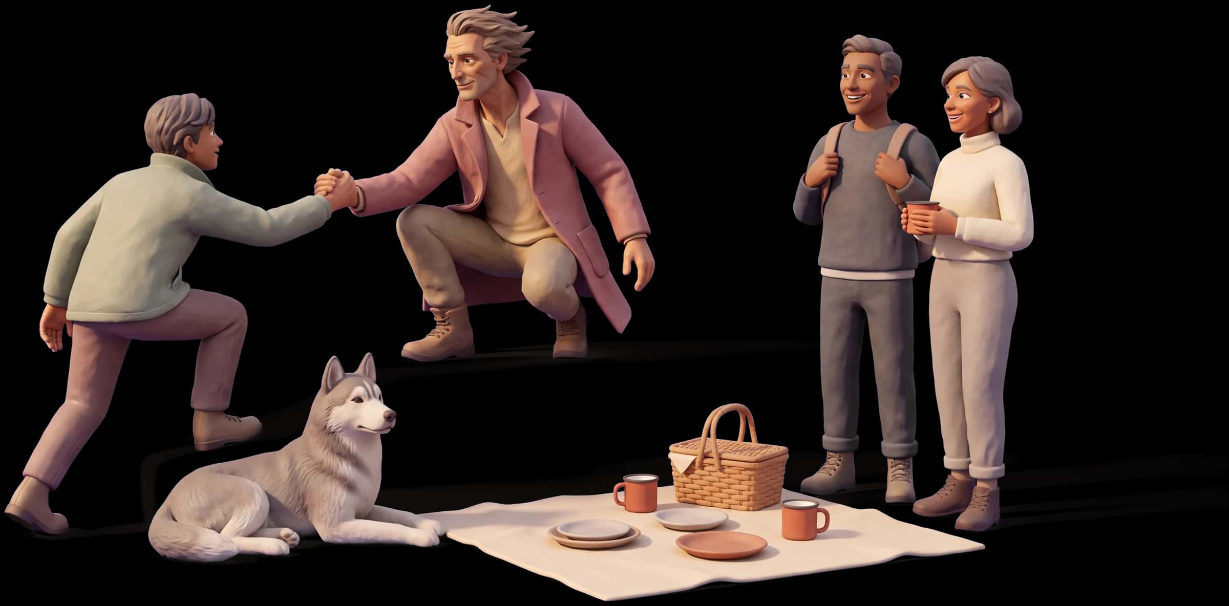 Clay scene: The Explorer crouches to spread a small picnic on a blanket at a lookout, holding a hand out to pull a partner up the last step