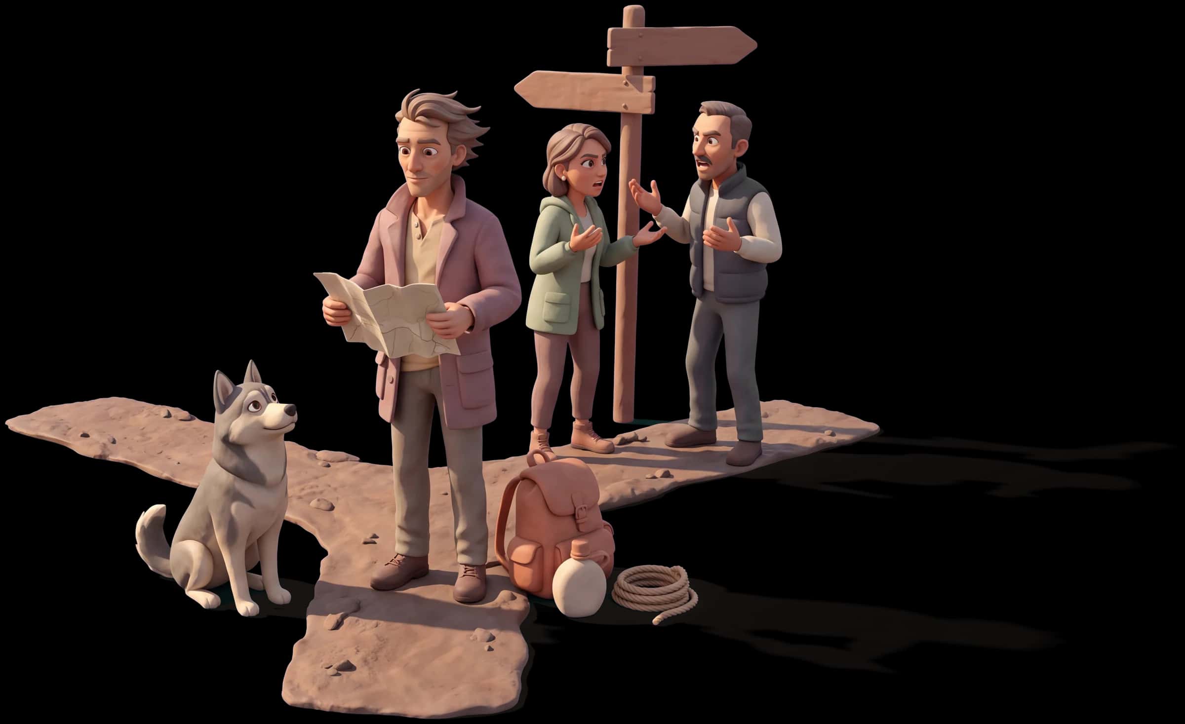 Clay scene: The Explorer stands calmly at a fork in a rough trail, folding away a useless map while two companions behind him argue over a signpost