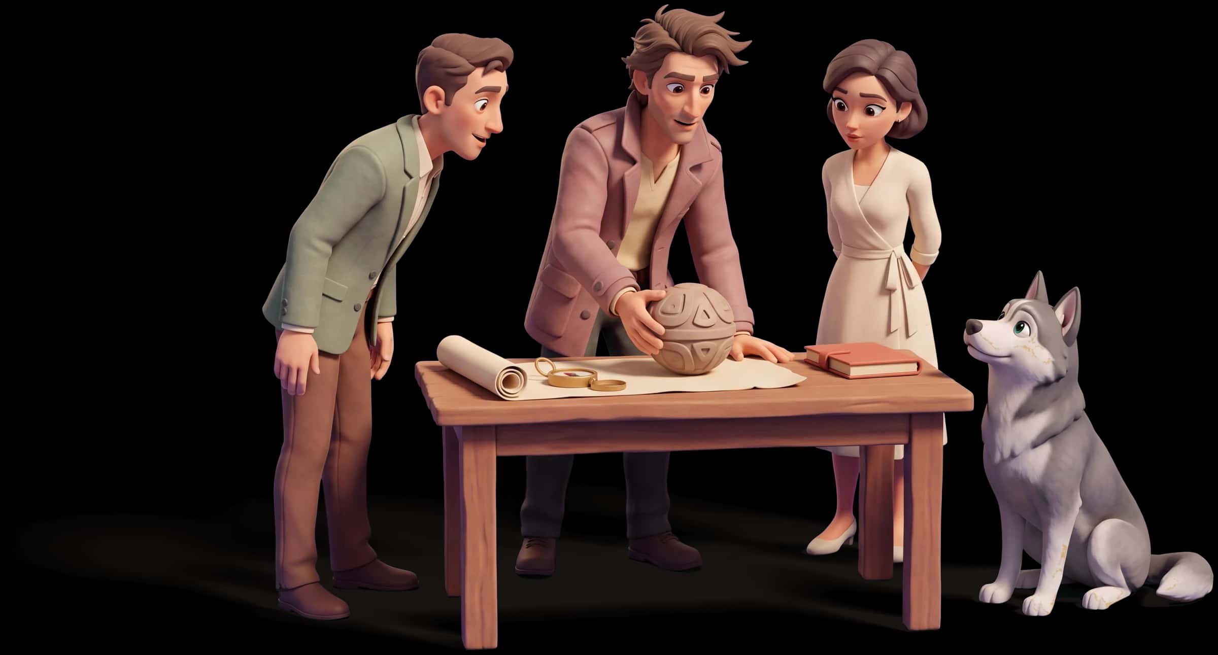Clay scene: The Explorer sets an unfamiliar object down on a table in front of two curious colleagues, mid-explanation of where it came from