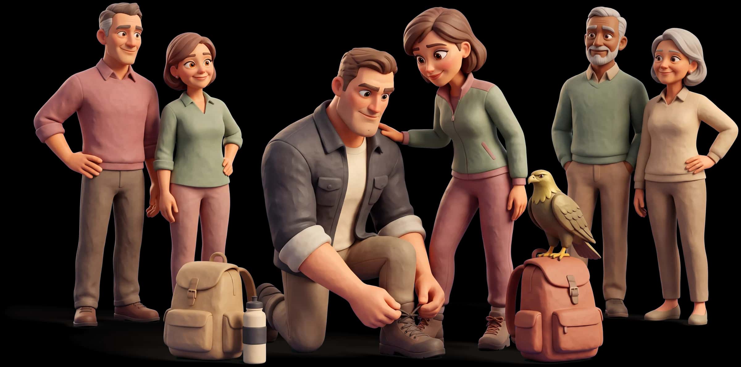 Clay scene: The Hero kneels to fasten a partner's boot before a long walk, her hand resting on his shoulder for balance