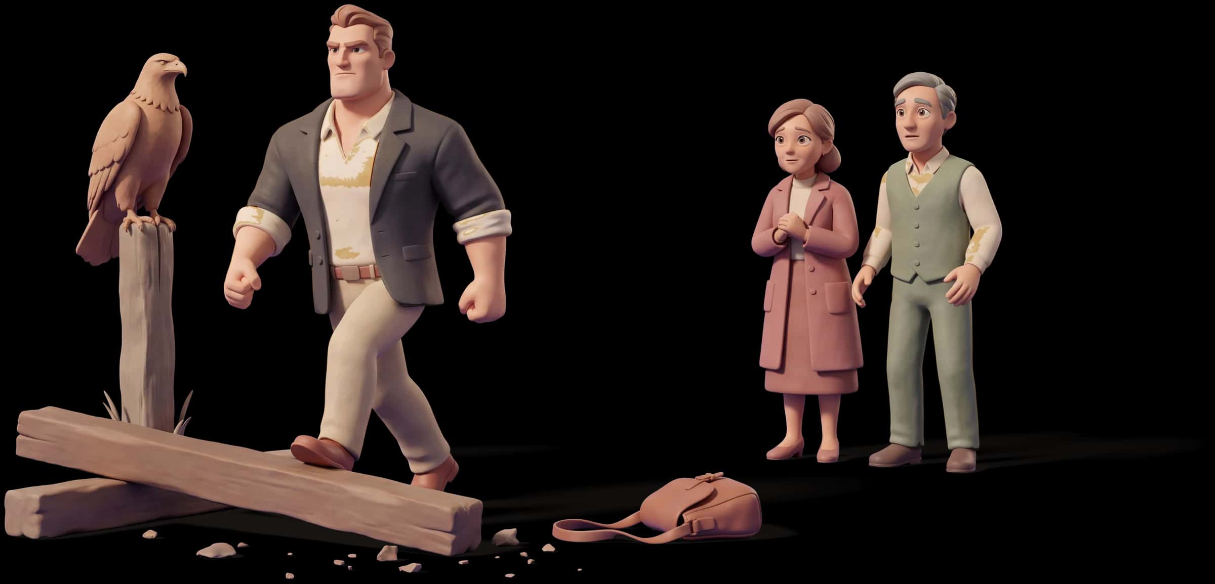 Clay scene: The Hero strides toward a fallen beam to take its weight while two people hang back at a safe distance