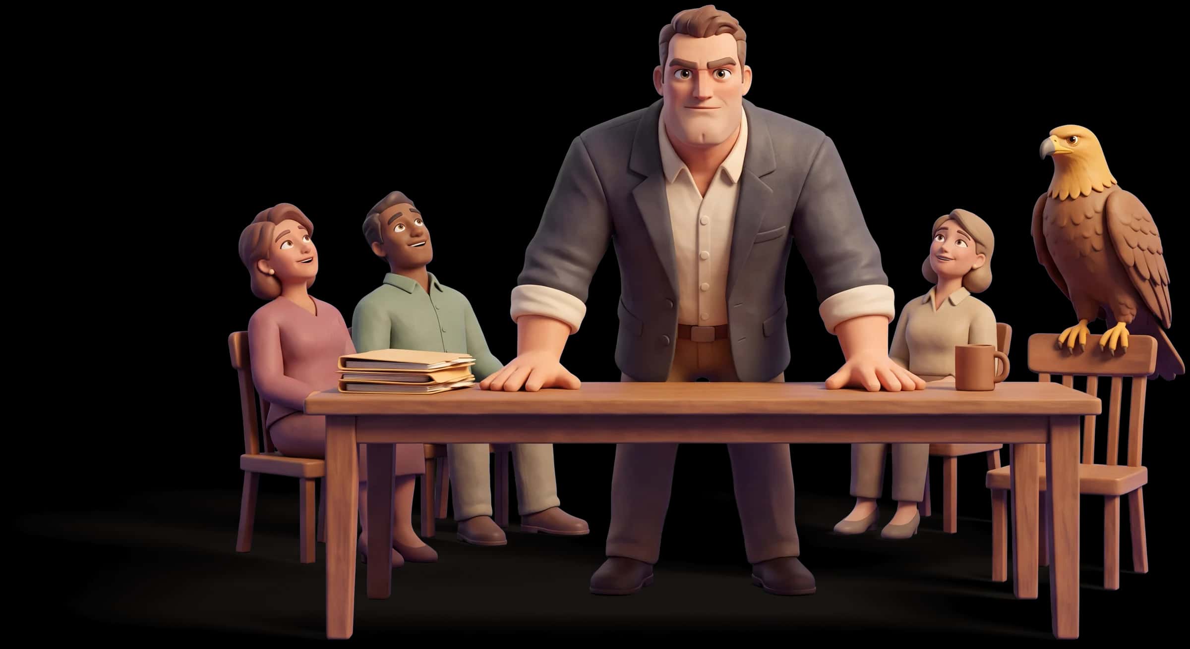 Clay scene: The Hero plants both hands on a table and volunteers for the hard job while three colleagues sit back