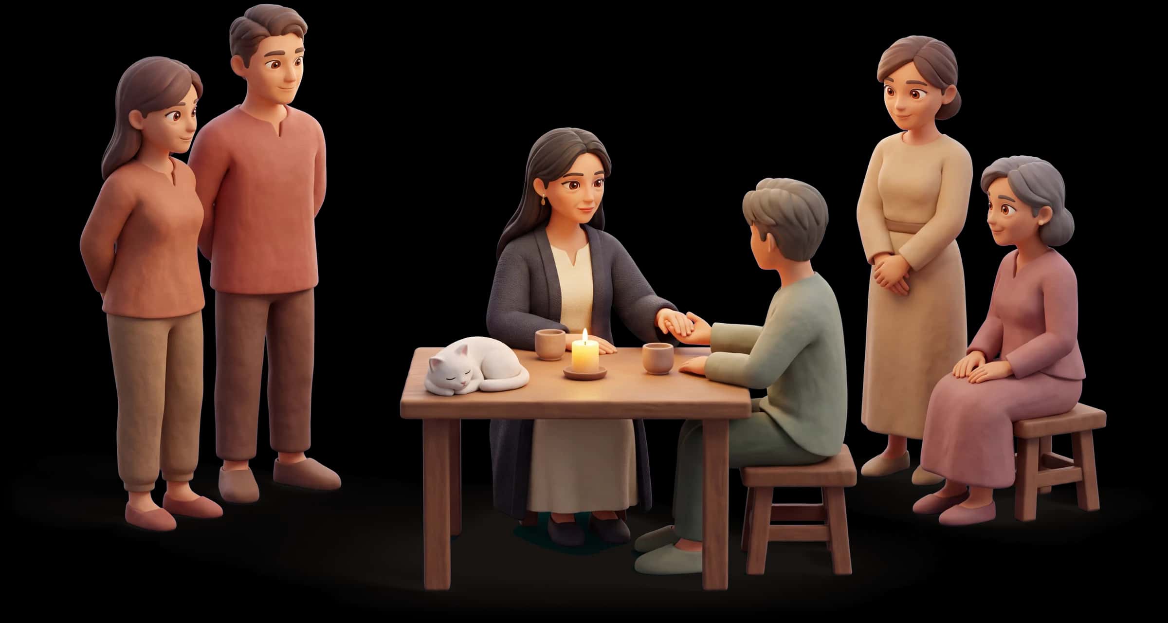 Clay scene: The High Priestess sits at a low table opposite a partner, taking his hand slowly and deliberately after a long pause