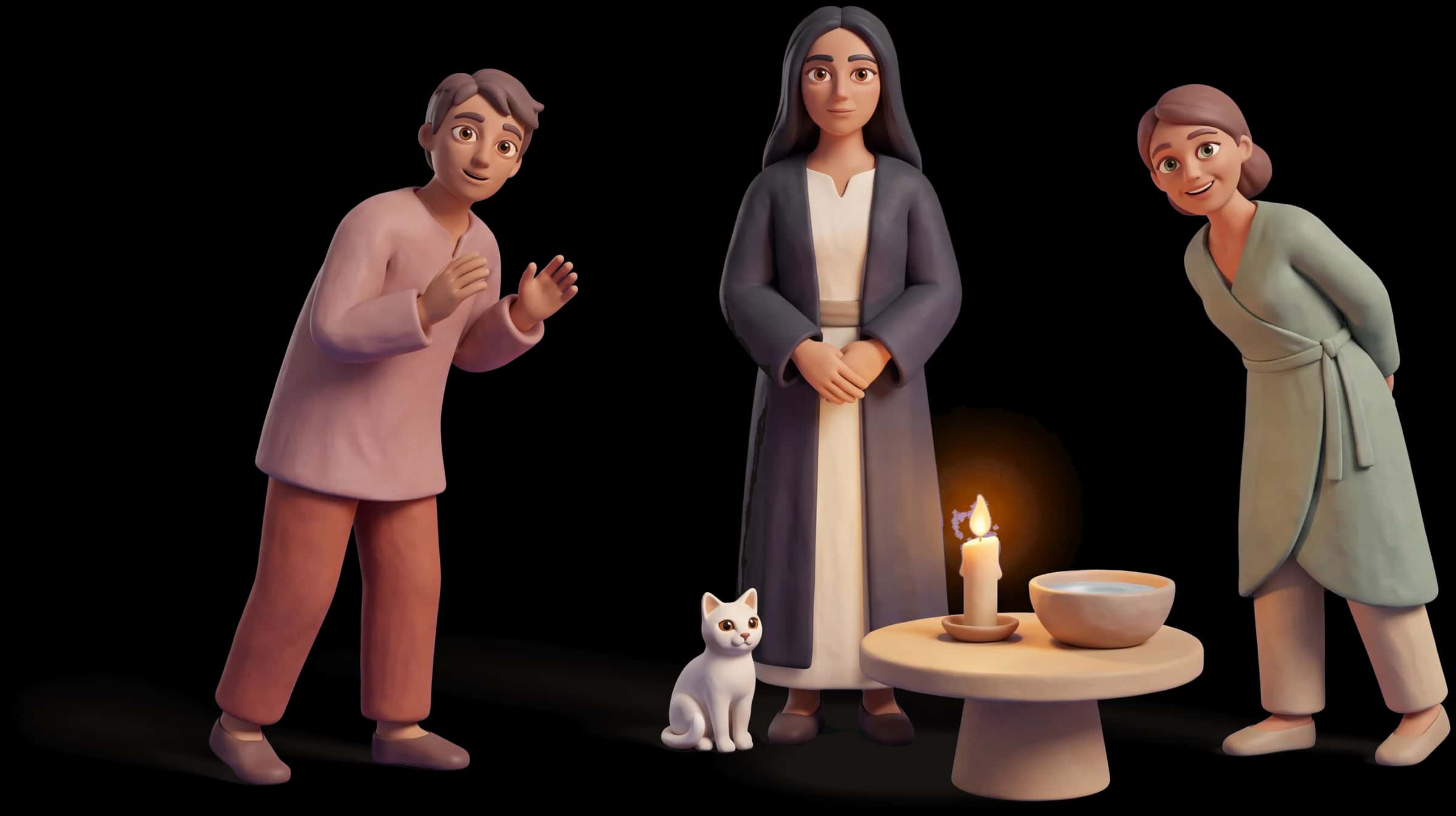 Clay scene: The High Priestess stands calm and still, facing the camera with both eyes clearly visible, while two people beside her lean the same way caught up in the same excitement, their faces also turned so their eyes are visible