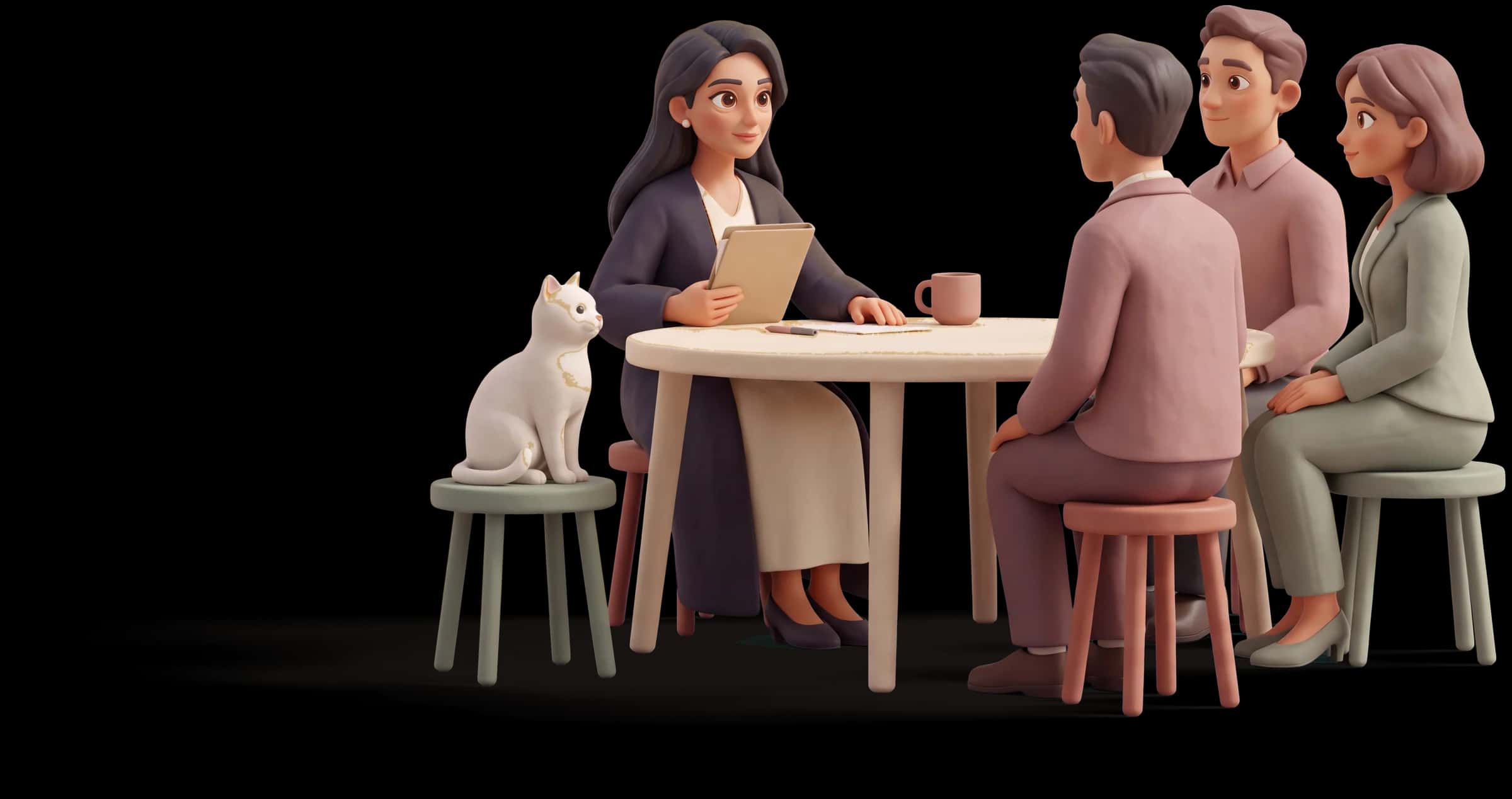 Clay scene: The High Priestess sits at a table with one folder closed under her hand, holding a colleague's gaze while two others wait for her answer