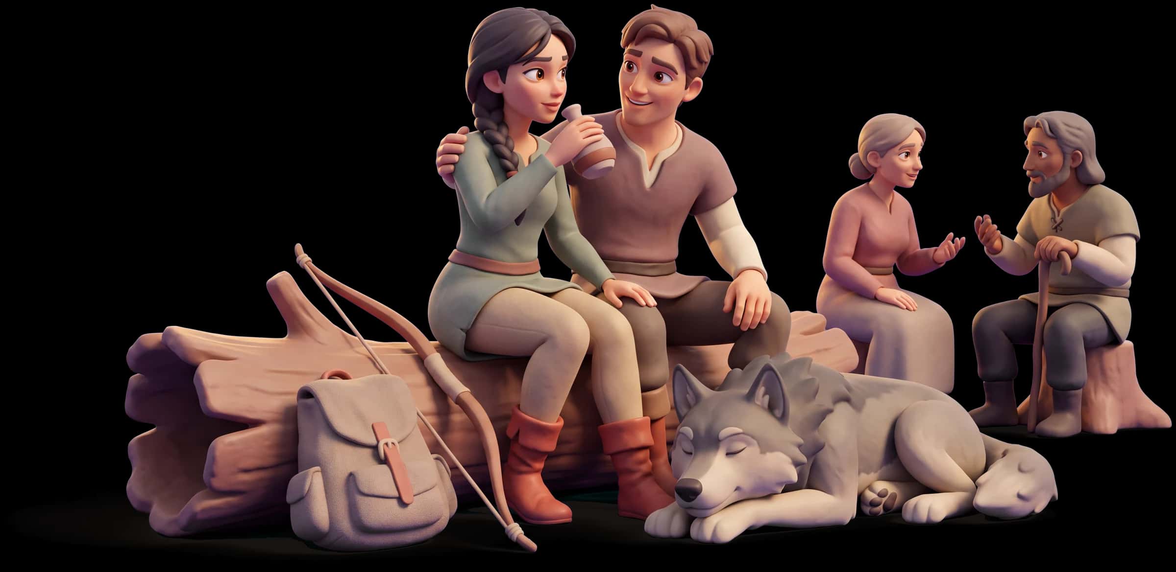 Clay scene: The Huntress sits shoulder to shoulder with a partner on a fallen log, sharing a flask and saying something plainly