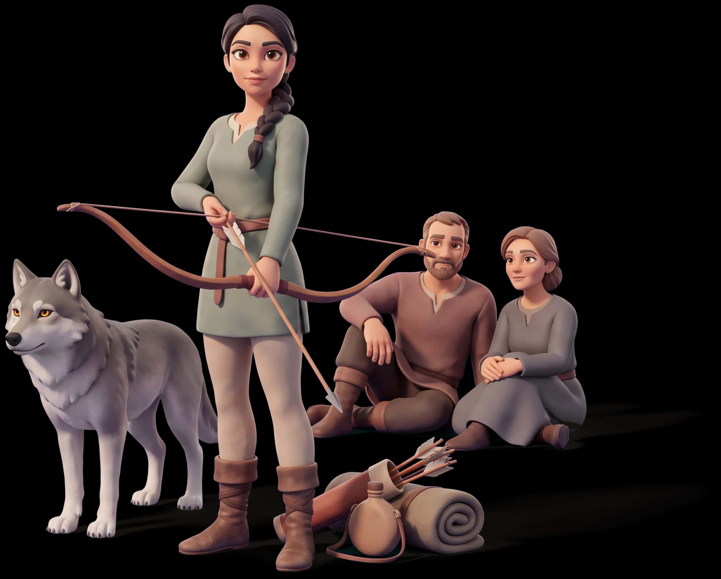Clay scene: The Huntress fits an arrow to her bow at the end of a long day, face lifted and turned toward the camera with both eyes clearly visible, while two others sit resting behind her and watch her, their faces up and visible too