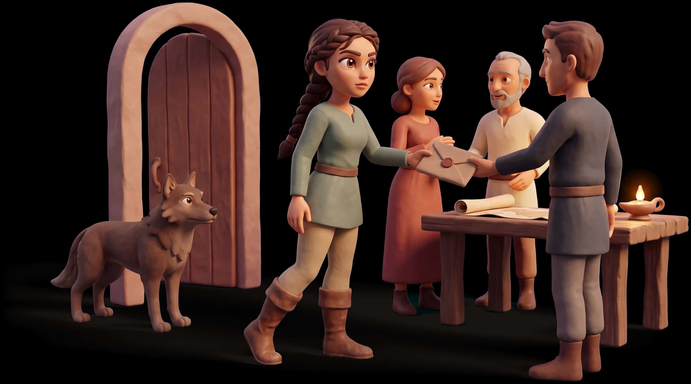 Clay scene: The Huntress takes a single sealed brief from a colleague's hand and is already turning to go while two others are still talking