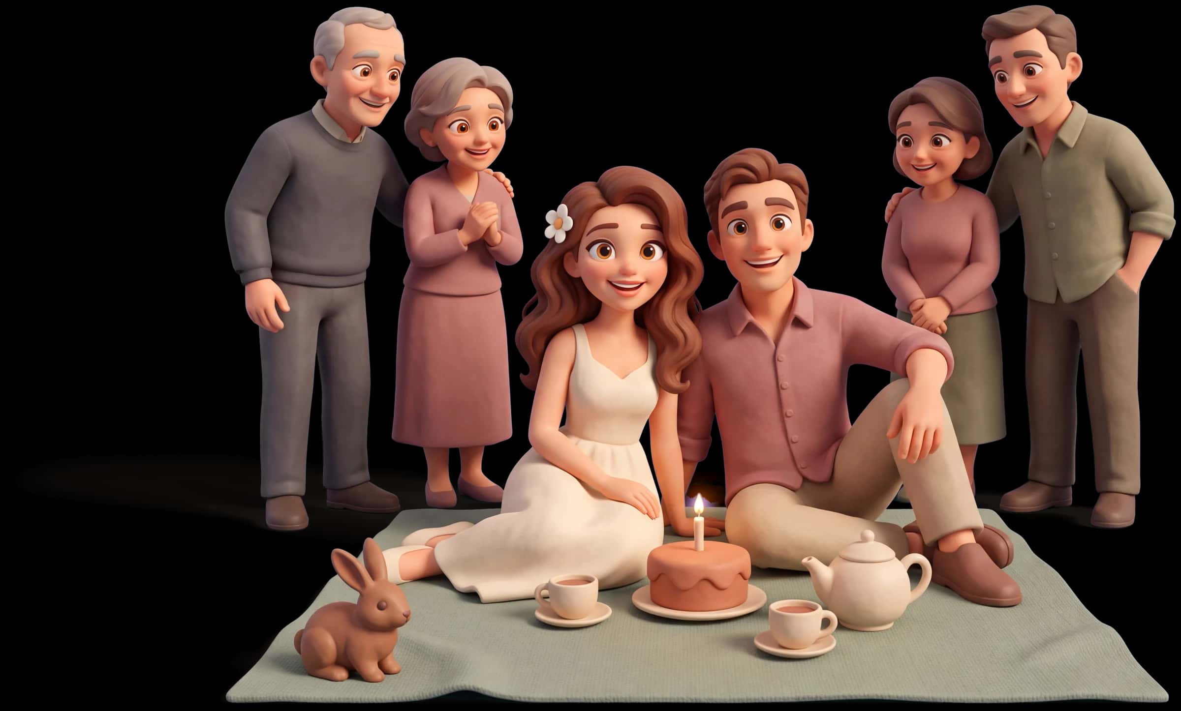 Clay scene: The Innocent sits cross-legged on a blanket beside a partner, both turned toward the camera with wide happy open eyes and bright smiles, a small cake with one candle on the blanket in front of them