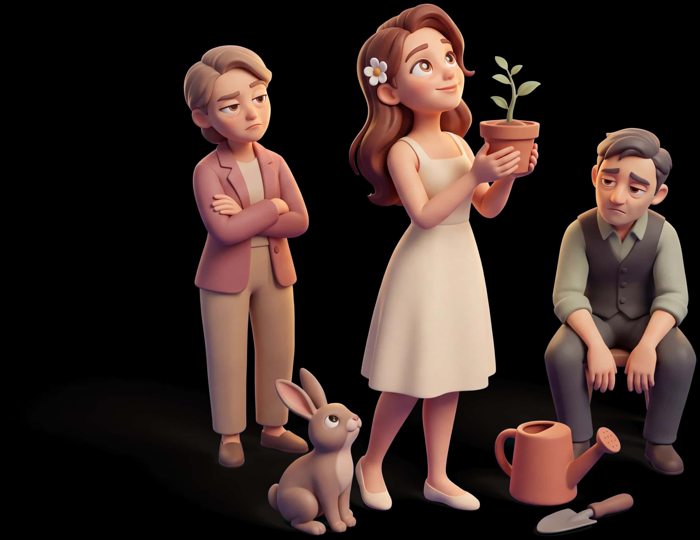 Clay scene: The Innocent holds a small green shoot in a clay pot up to the light, smiling at it, while two people beside her look tired and unconvinced