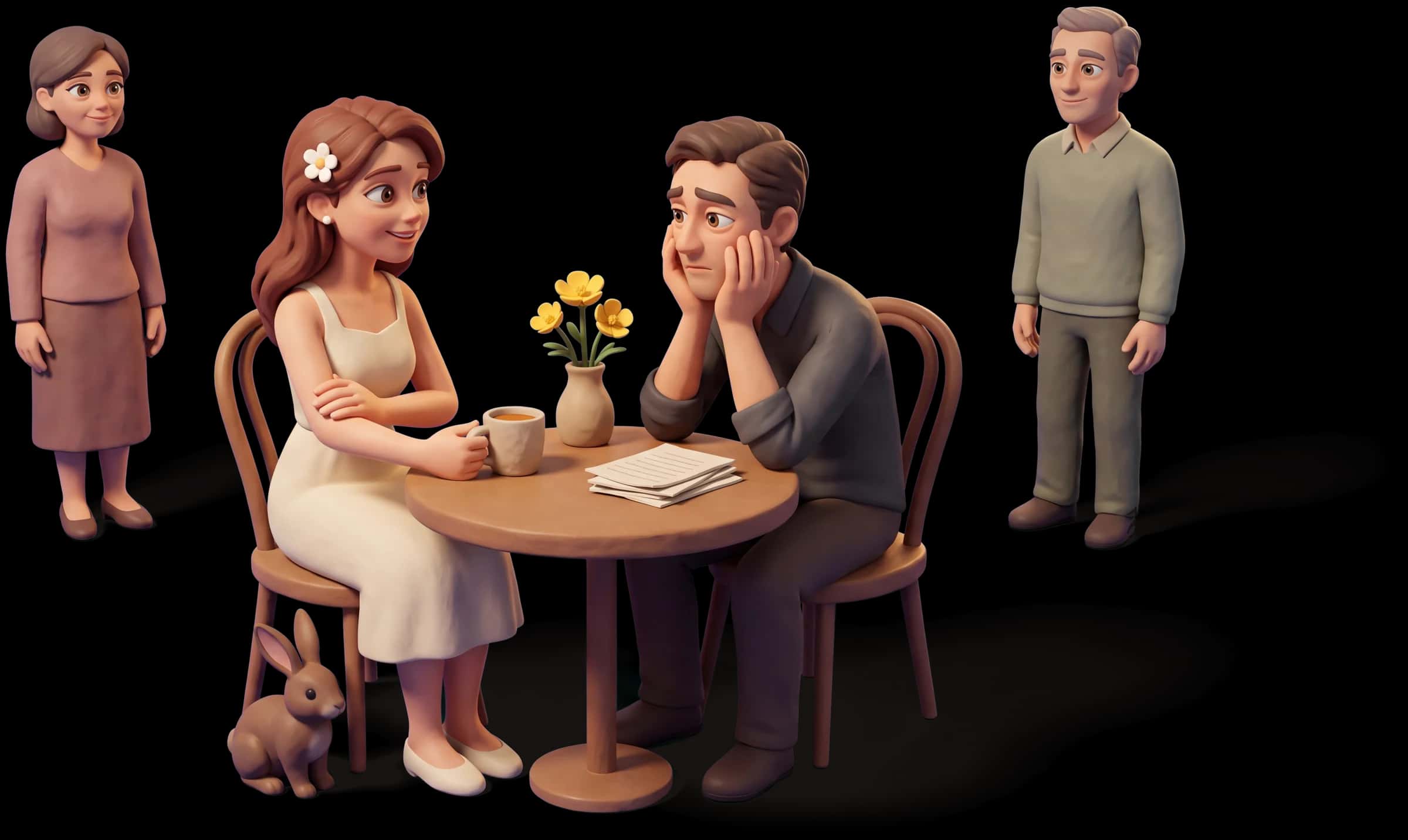 Clay scene: The Innocent sits down on a chair she has pulled up beside a tired colleague at a small table and sets a mug in front of him, both arms relaxed and close to her body