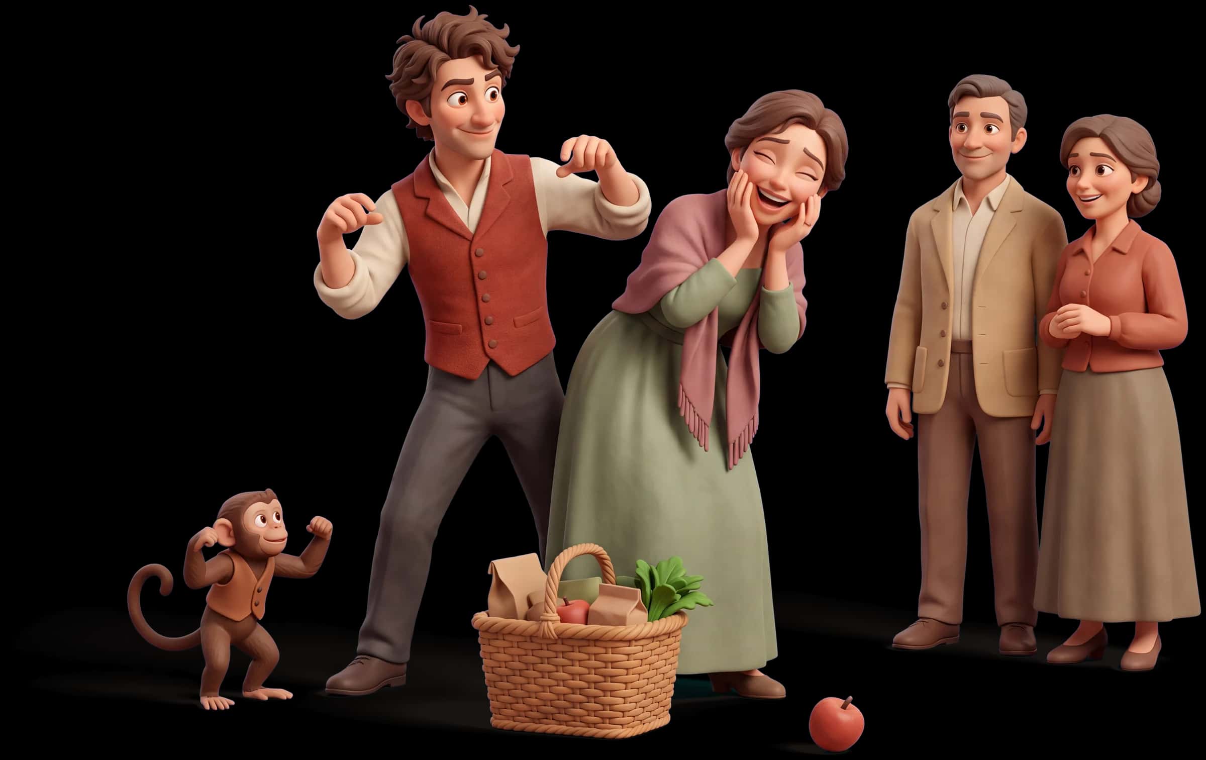 Clay scene: The Jester mimics something behind a partner's back while she laughs helplessly, a shopping basket abandoned at their feet