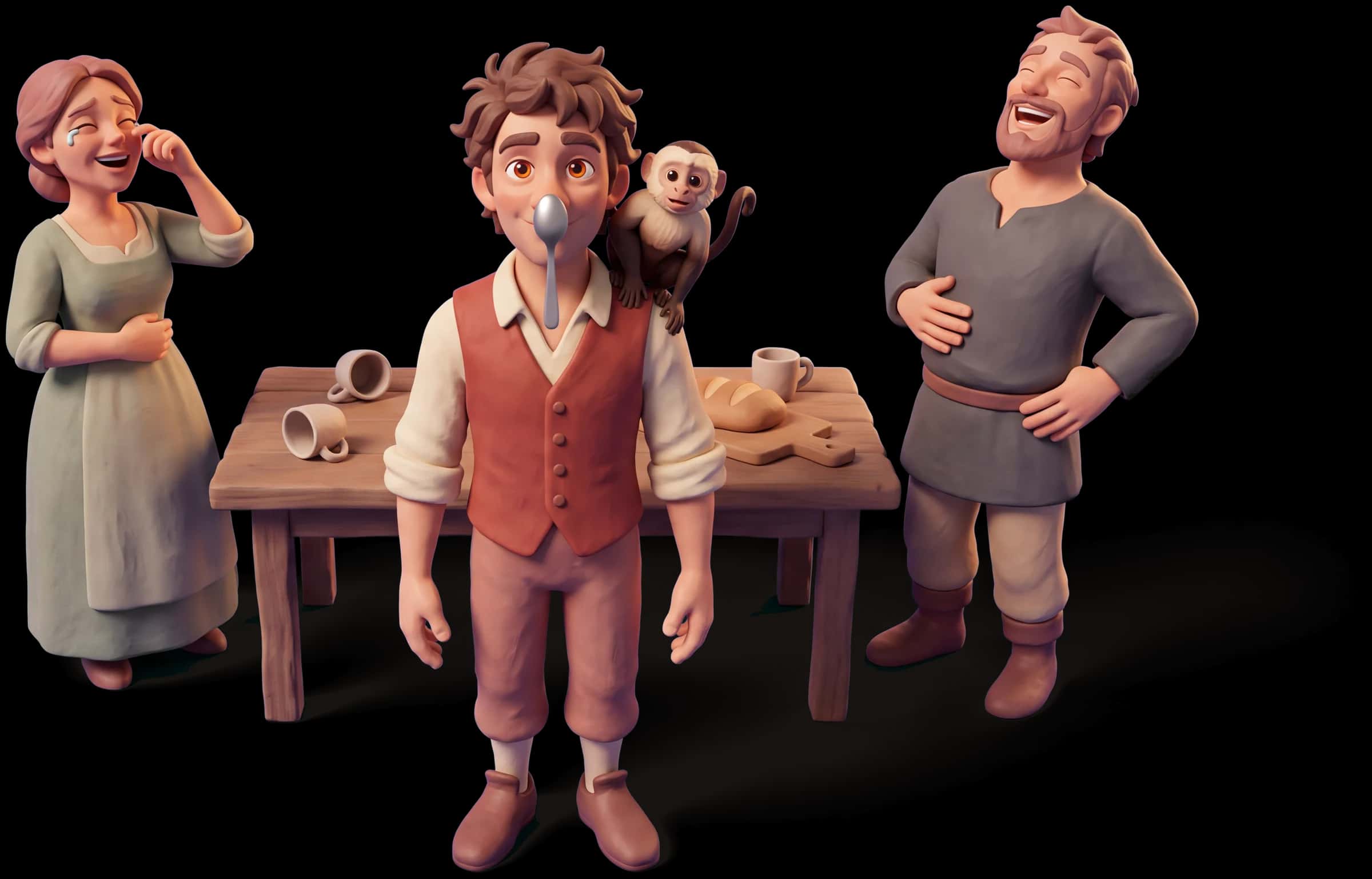 Clay scene: The Jester balances a spoon on his nose mid-argument and two people who were glaring at each other have both broken into laughter