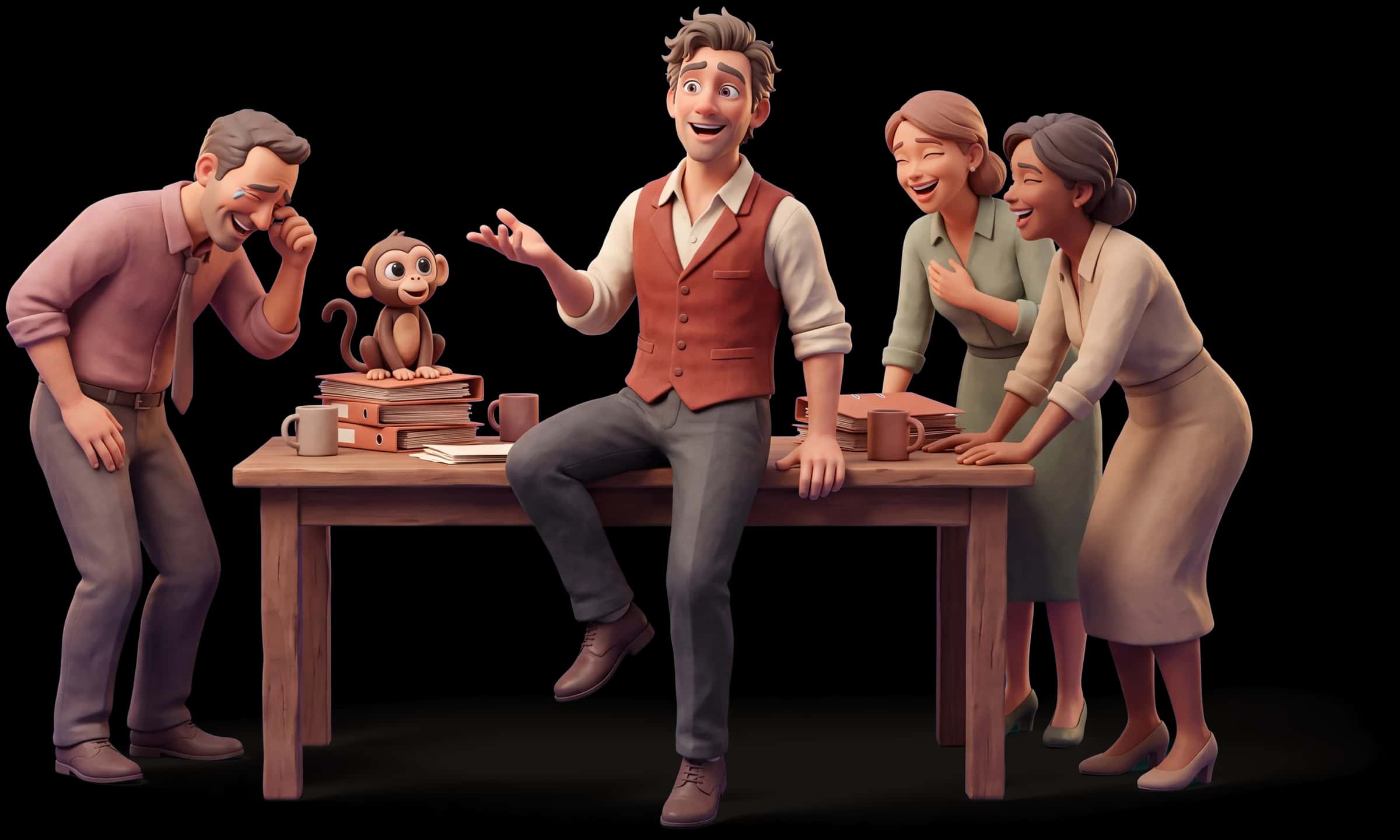 Clay scene: The Jester perches on the edge of a table delivering a punchline while three colleagues around it crack up, one wiping an eye