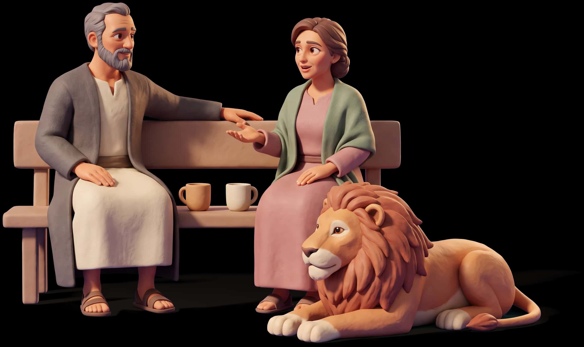 Clay scene: The King sits beside a partner on a plain bench with one arm along the back of it, listening while she talks something through