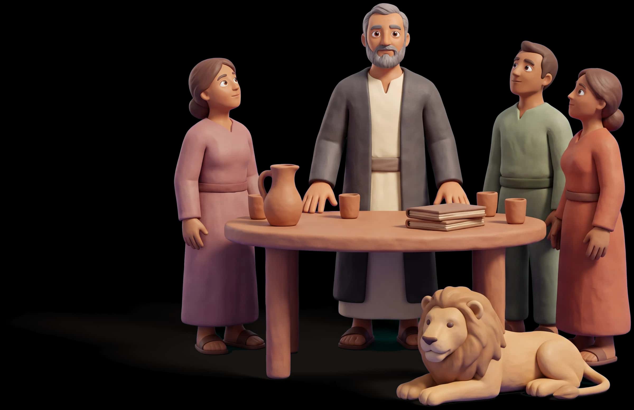 Clay scene: The King stands at the center of a low round table with both hands flat on it, calm, while three people around him look up steadied