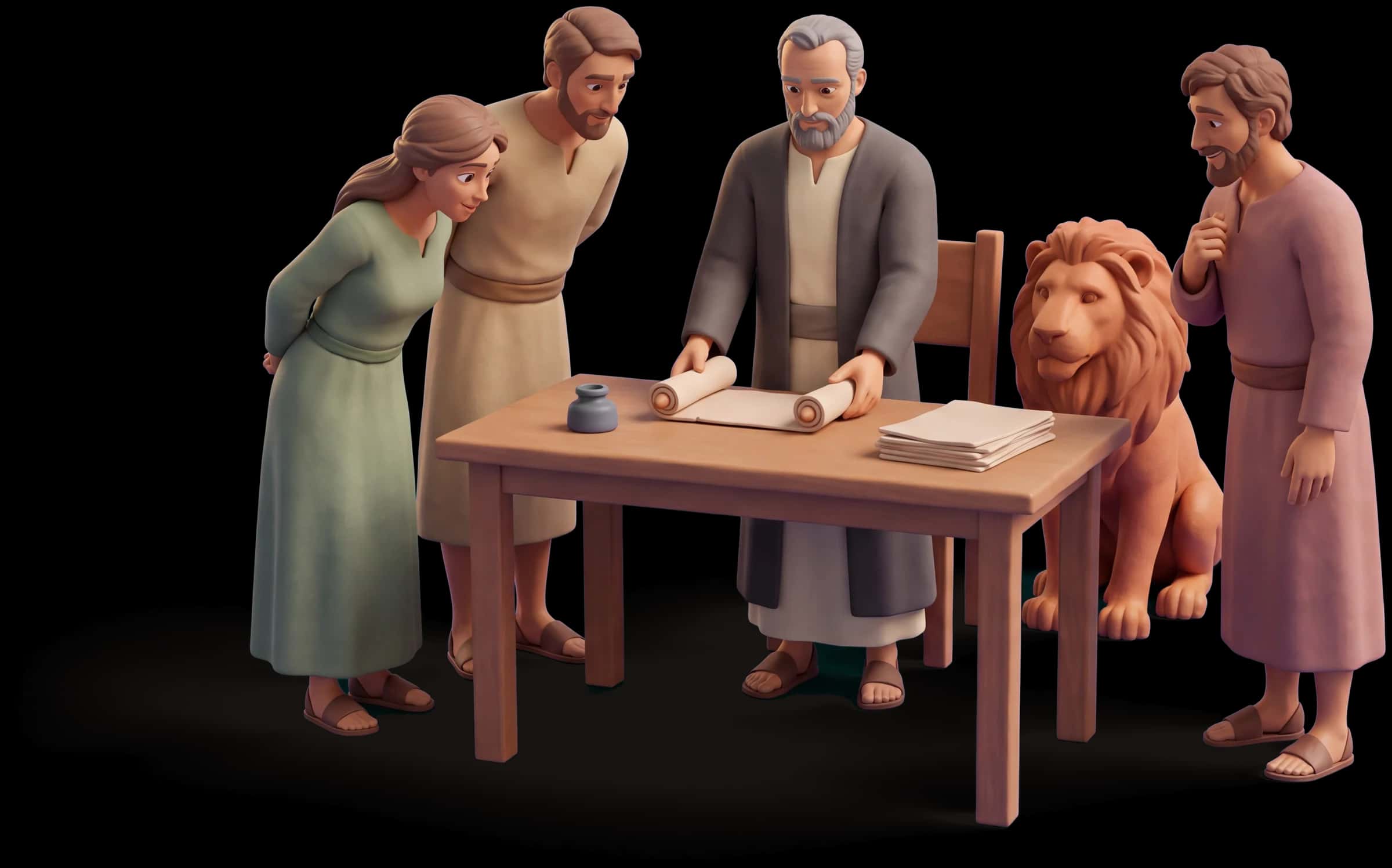 Clay scene: The King sets a written standard down on a table and two colleagues lean in to read it while a third nods
