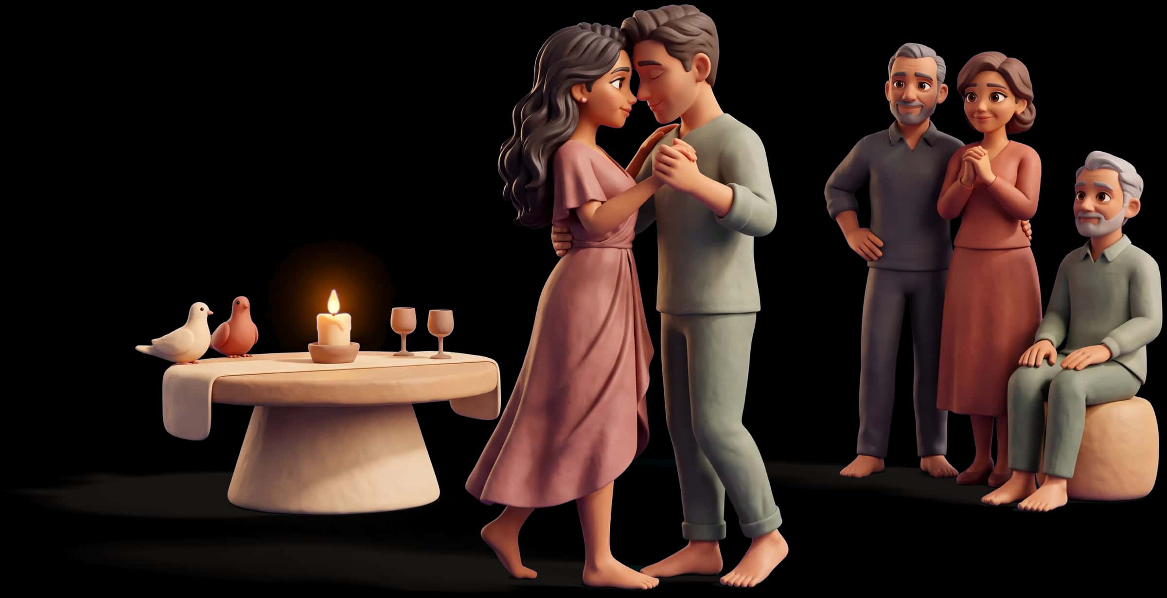 Clay scene: The Lover dances slowly with a partner in an empty room, forehead resting against his, both barefoot
