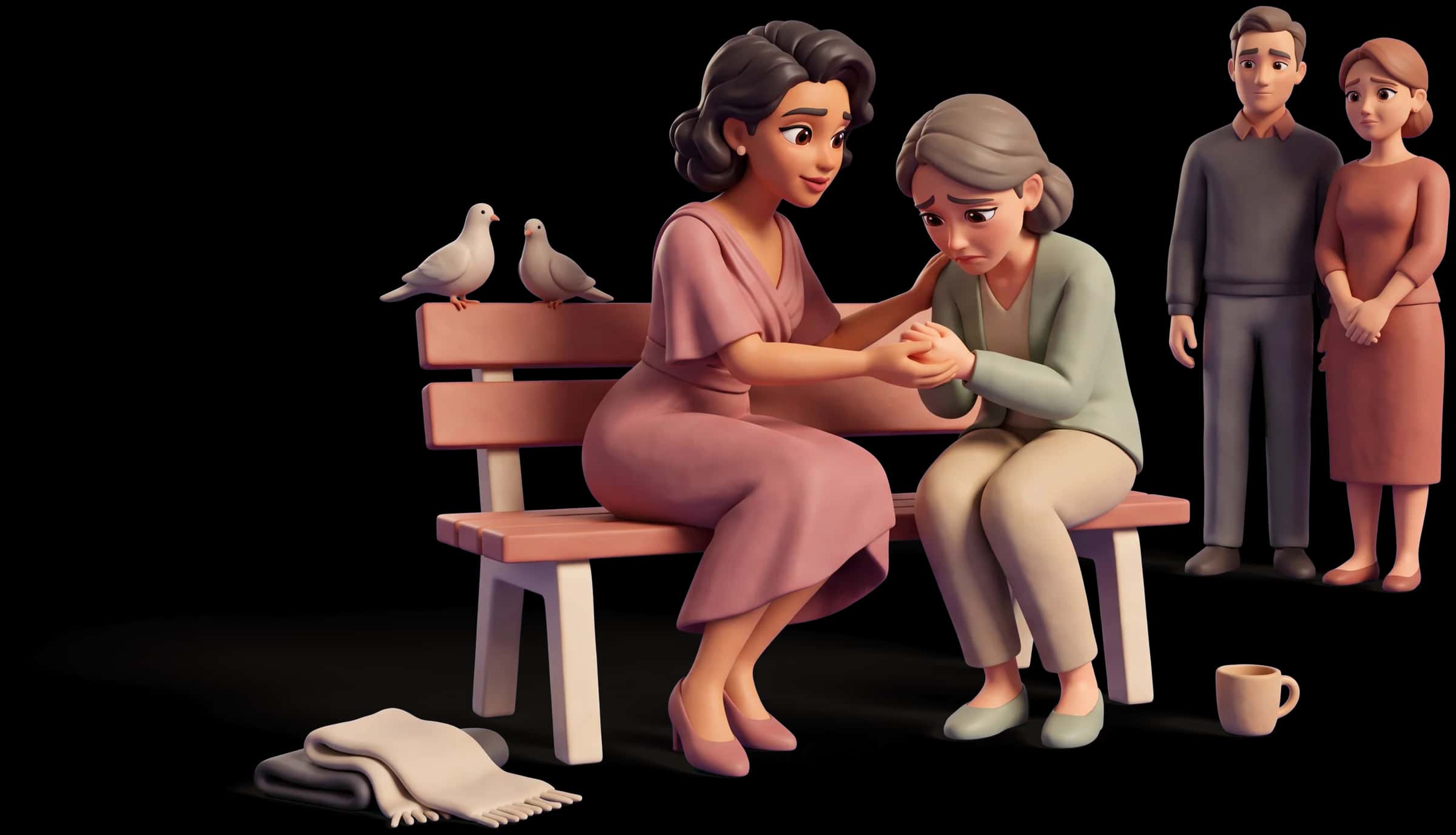 Clay scene: The Lover takes both hands of a friend who has just broken down, giving her whole attention while others stand awkwardly back