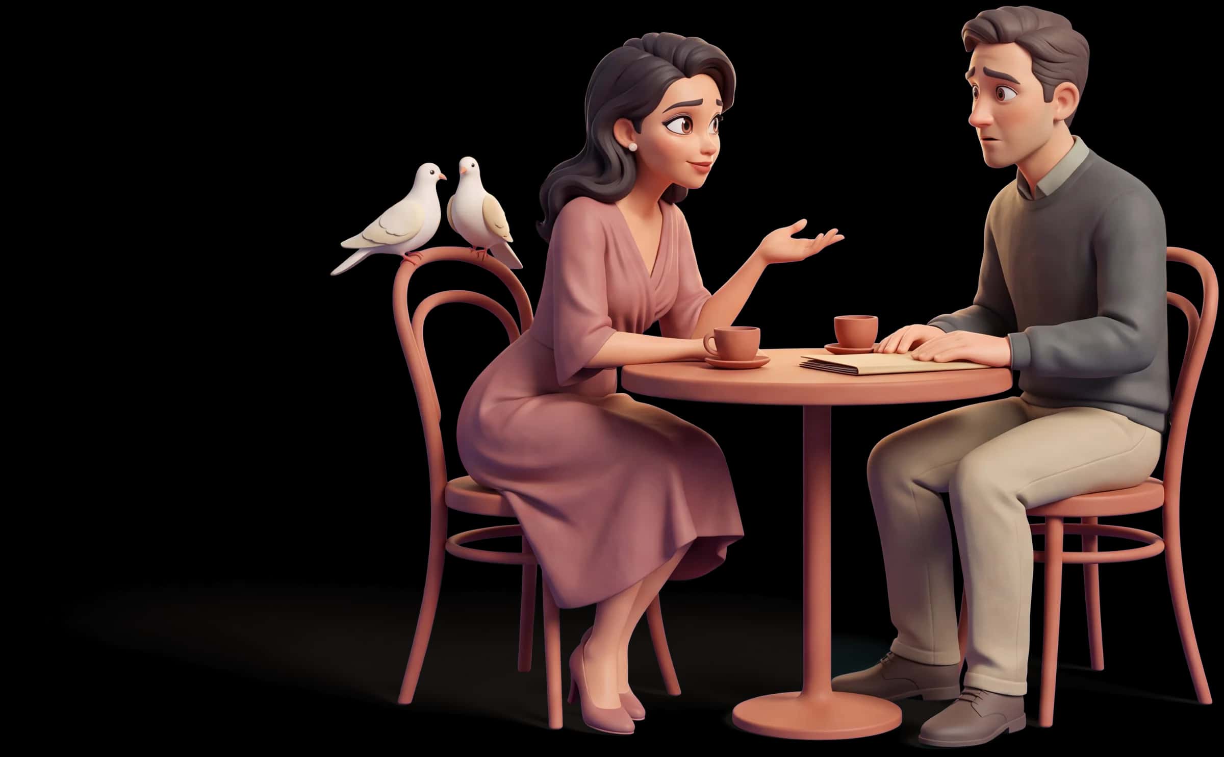 Clay scene: The Lover leans in beside a hesitant client at a small round table and reads his face before he speaks, one hand open in reassurance