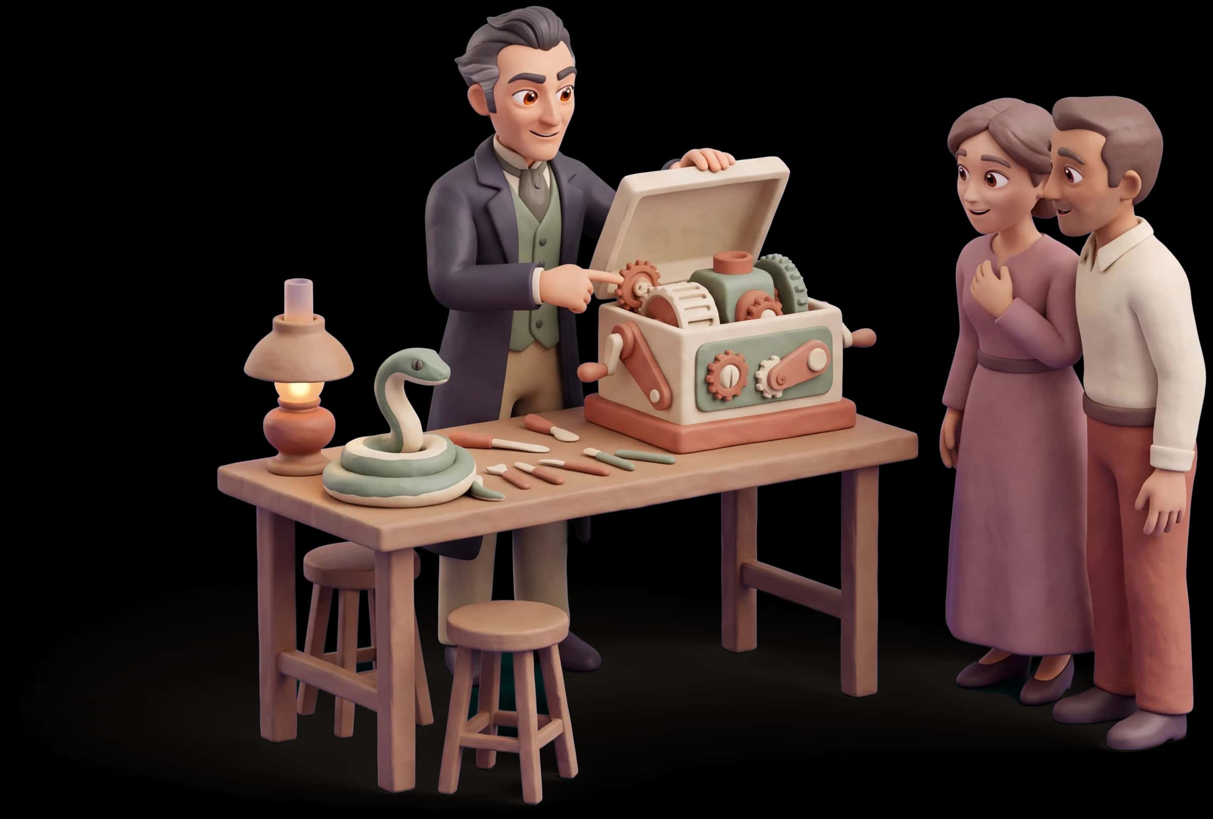 Clay scene: The Magician lifts the lid off a complicated mechanism and points at the one part that matters while two people who were guessing look on