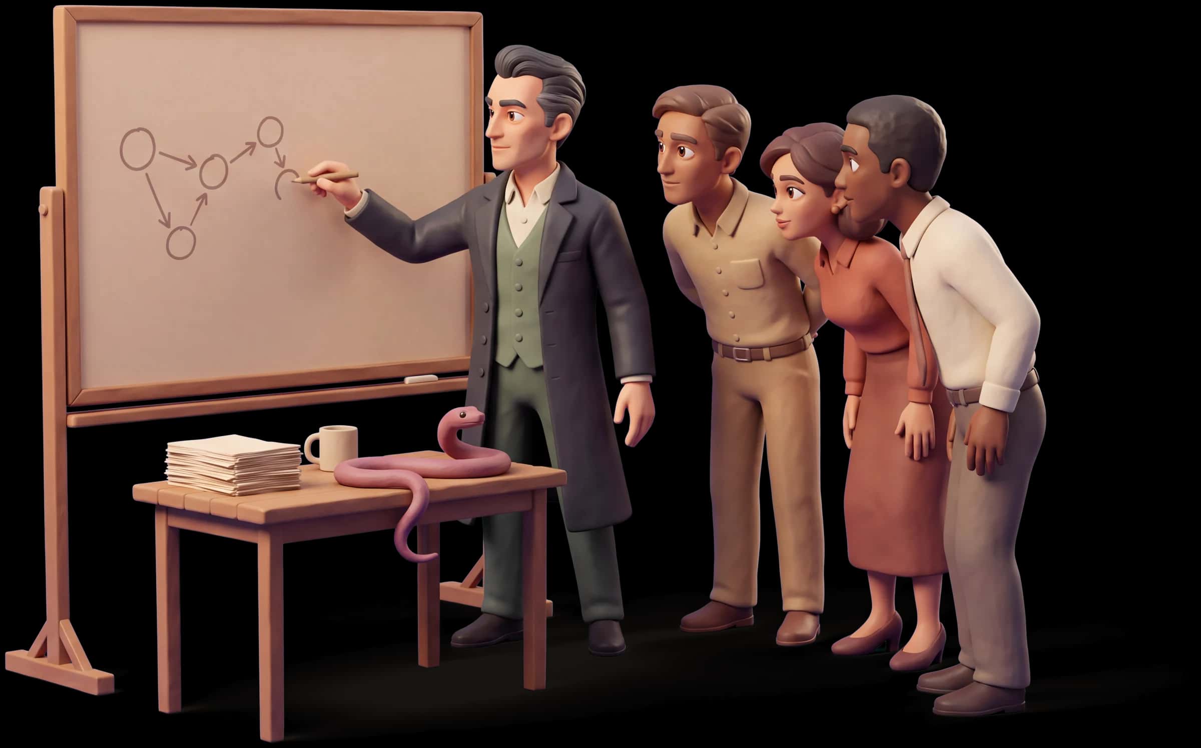 Clay scene: The Magician traces a chain of shapes on a board of blank circles and lines while three colleagues follow his hand