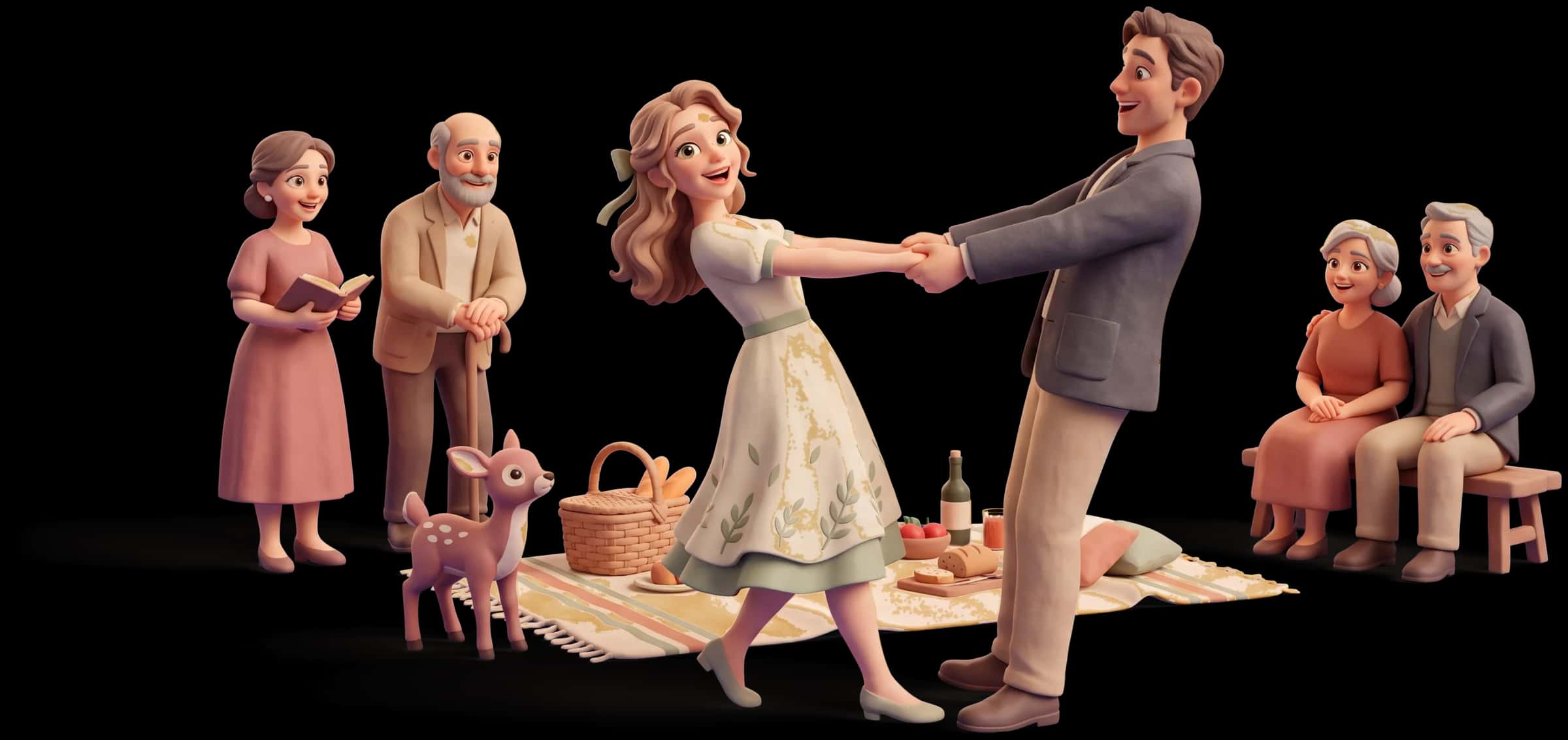 Clay scene: The Maiden holds a partner by both hands mid-spin, the pair leaning back and laughing with their eyes open and faces turned toward the camera