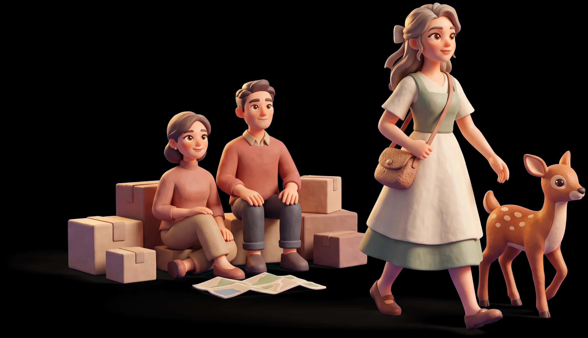 Clay scene: The Maiden steps out onto an open path with a small bag over her shoulder, looking ahead, while behind her two people sit surrounded by boxes