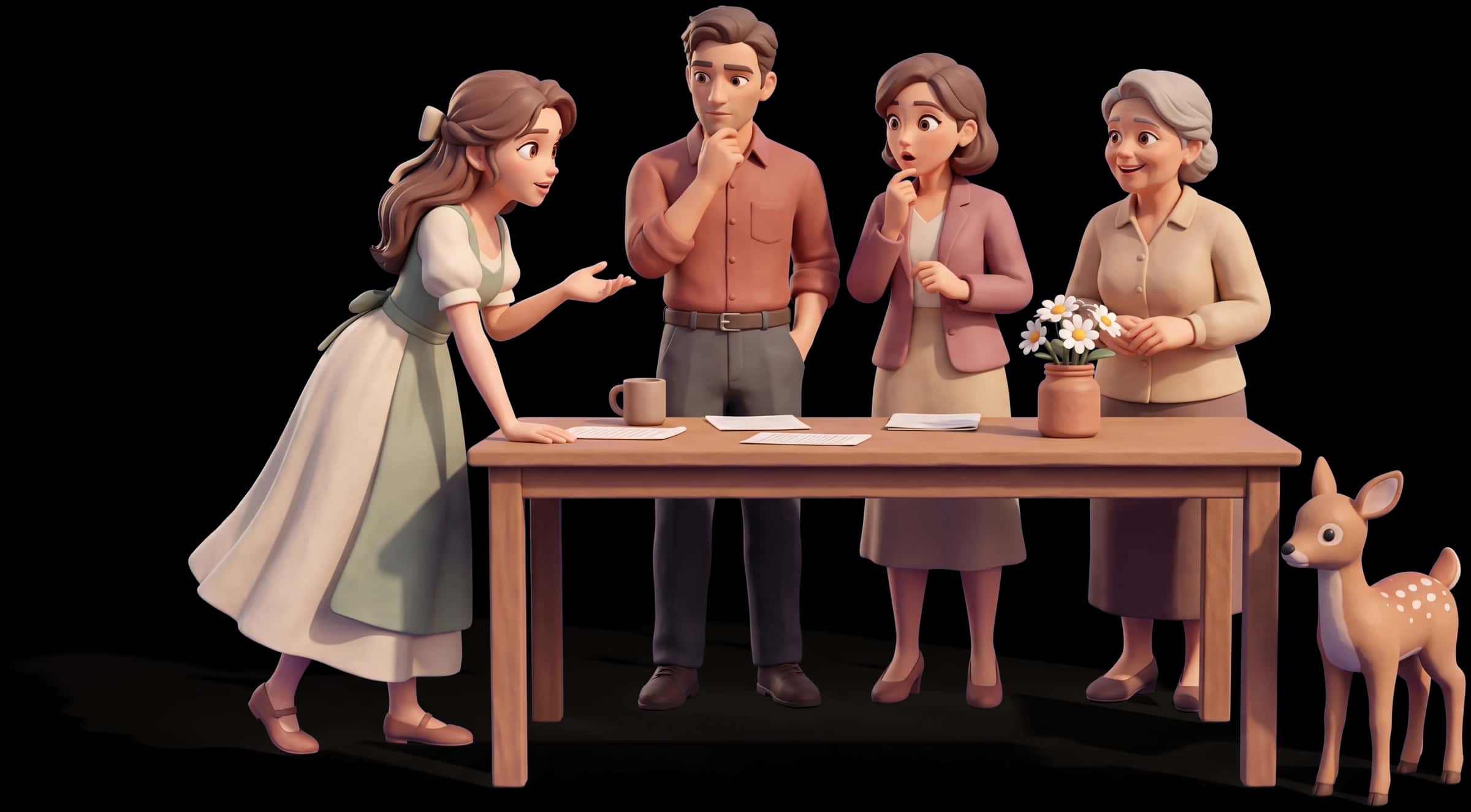 Clay scene: The Maiden asks a simple question at a table of colleagues and two of them stop, caught by it, while a third smiles
