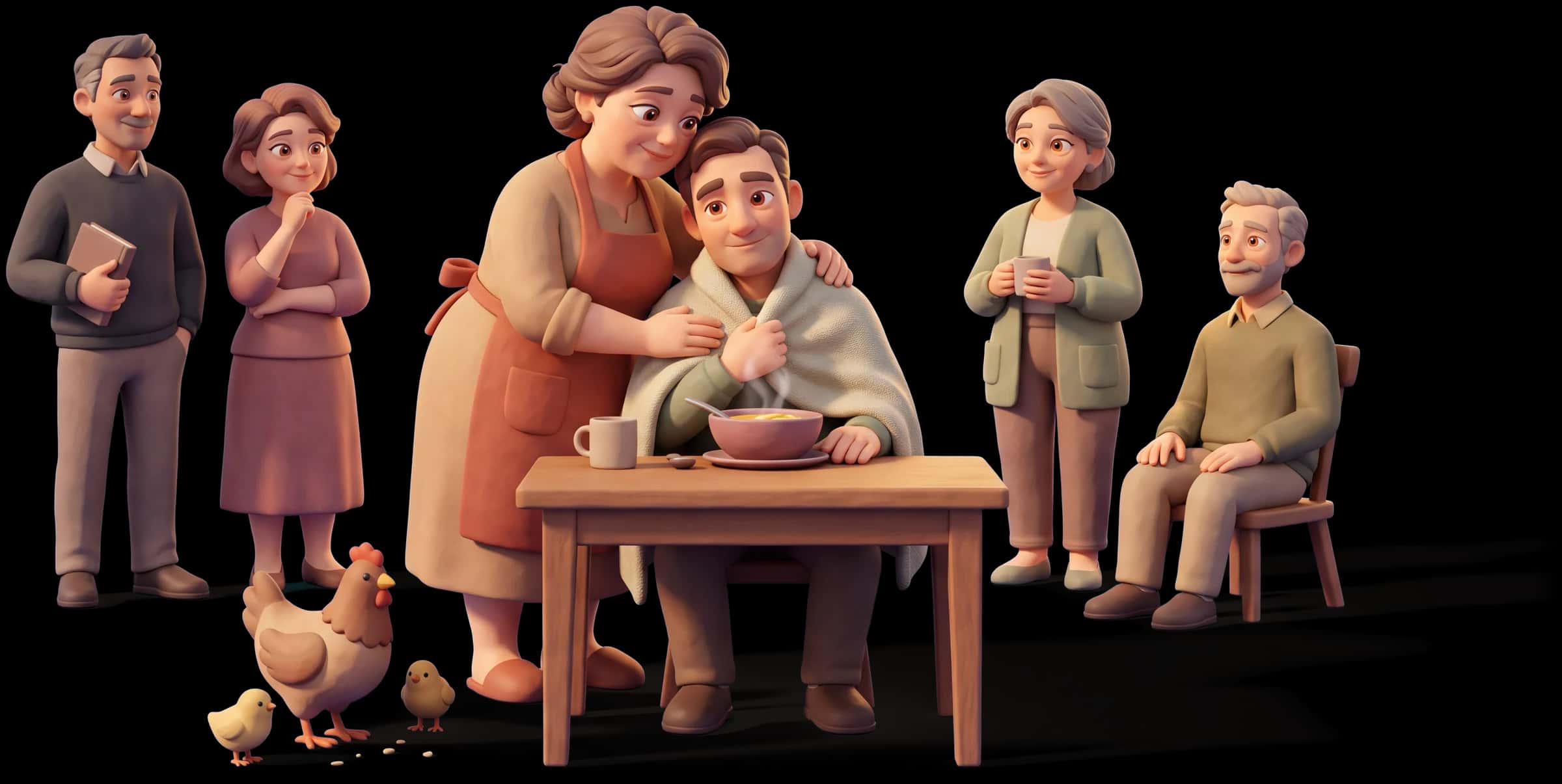 Clay scene: The Mother stands behind a partner sitting at a table, wrapping a blanket round his shoulders and resting her chin on his head