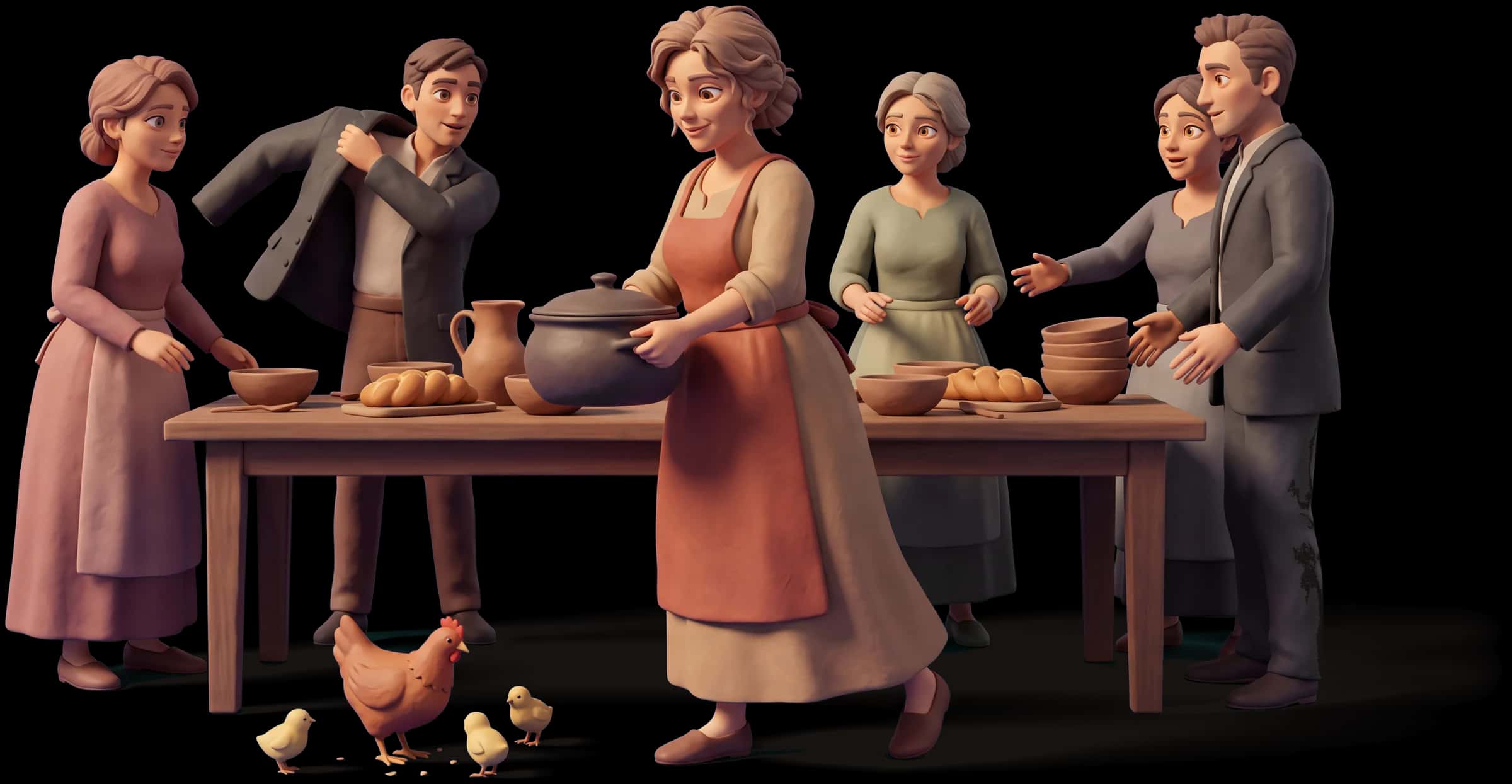 Clay scene: The Mother sets a heavy pot down in the middle of a long table and people crowd in around it, one still shrugging off a coat