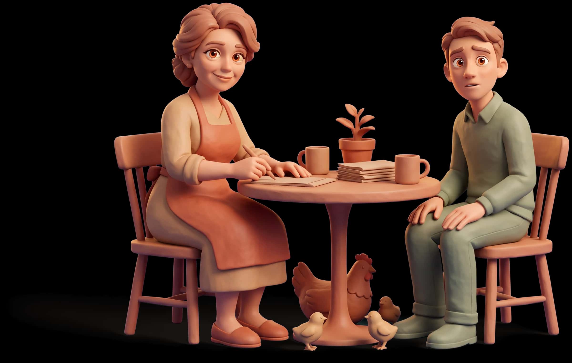 Clay scene: The Mother sits at a small table beside a nervous junior colleague, both seated at the same natural adult scale on matching chairs, going through his work with him and marking one line gently while he watches