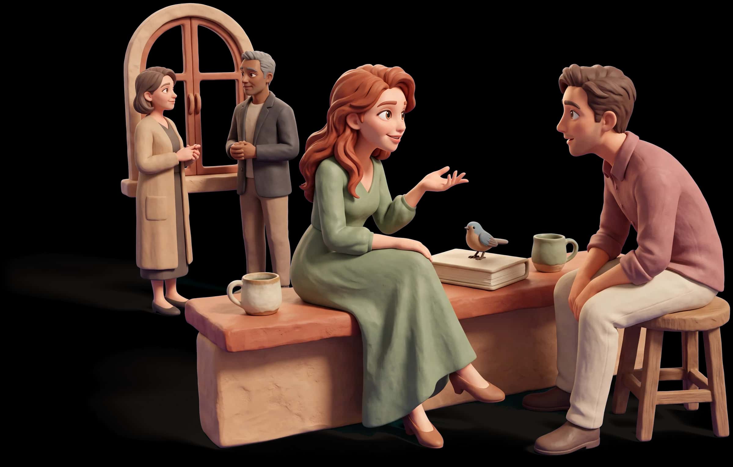 Clay scene: The Muse sits on a windowsill facing a partner on a stool, both leaning in, her hand describing something in the air