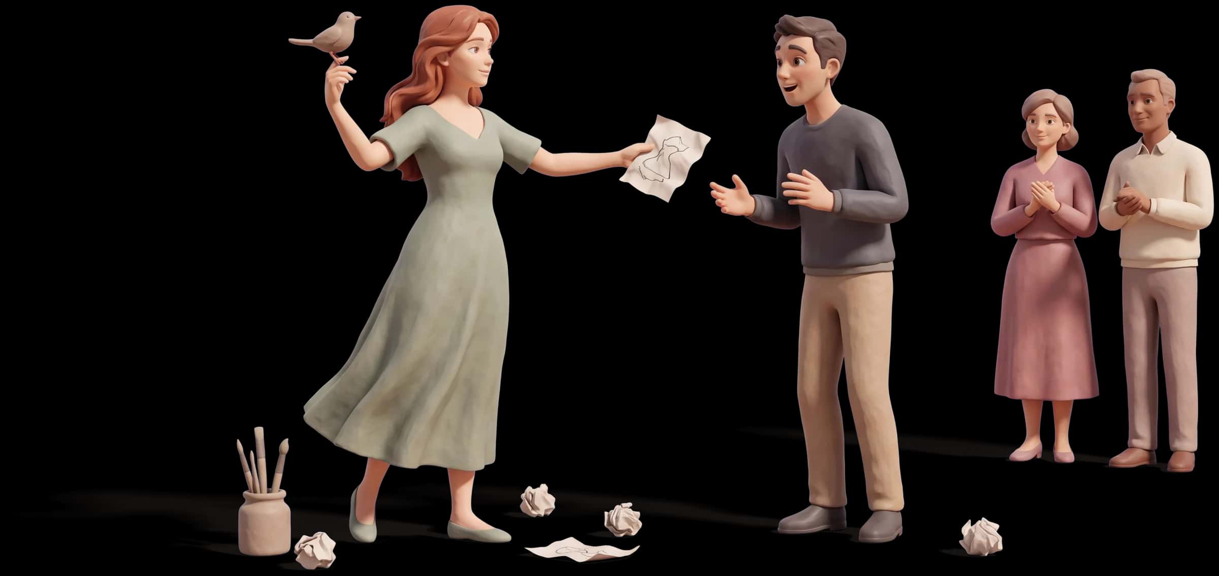 Clay scene: The Muse picks up a discarded sketch from the floor and holds it out to the person who threw it away, saying something that changes his face