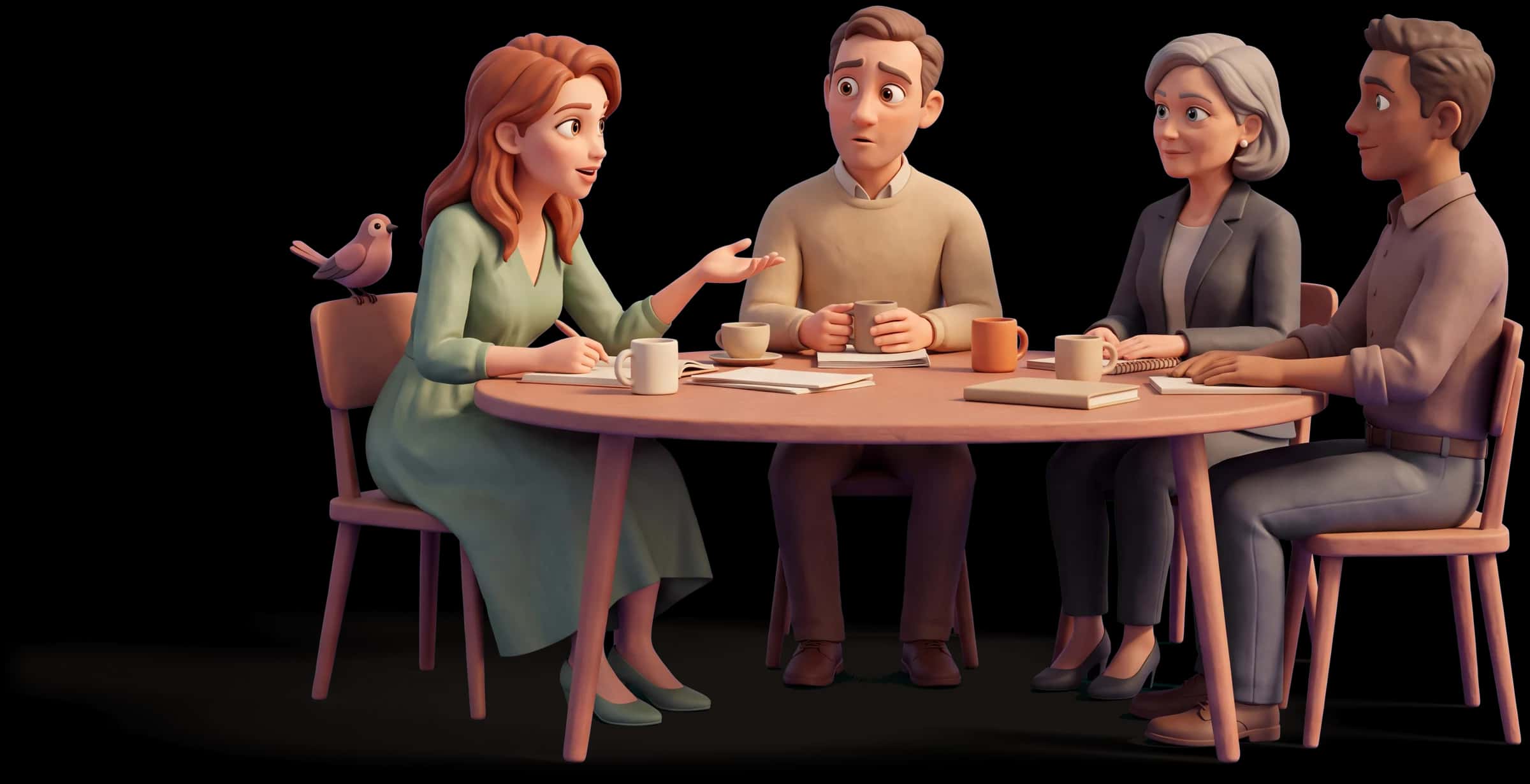 Clay scene: The Muse catches a half-formed idea from a hesitant colleague and repeats it back to the table so everyone hears it properly