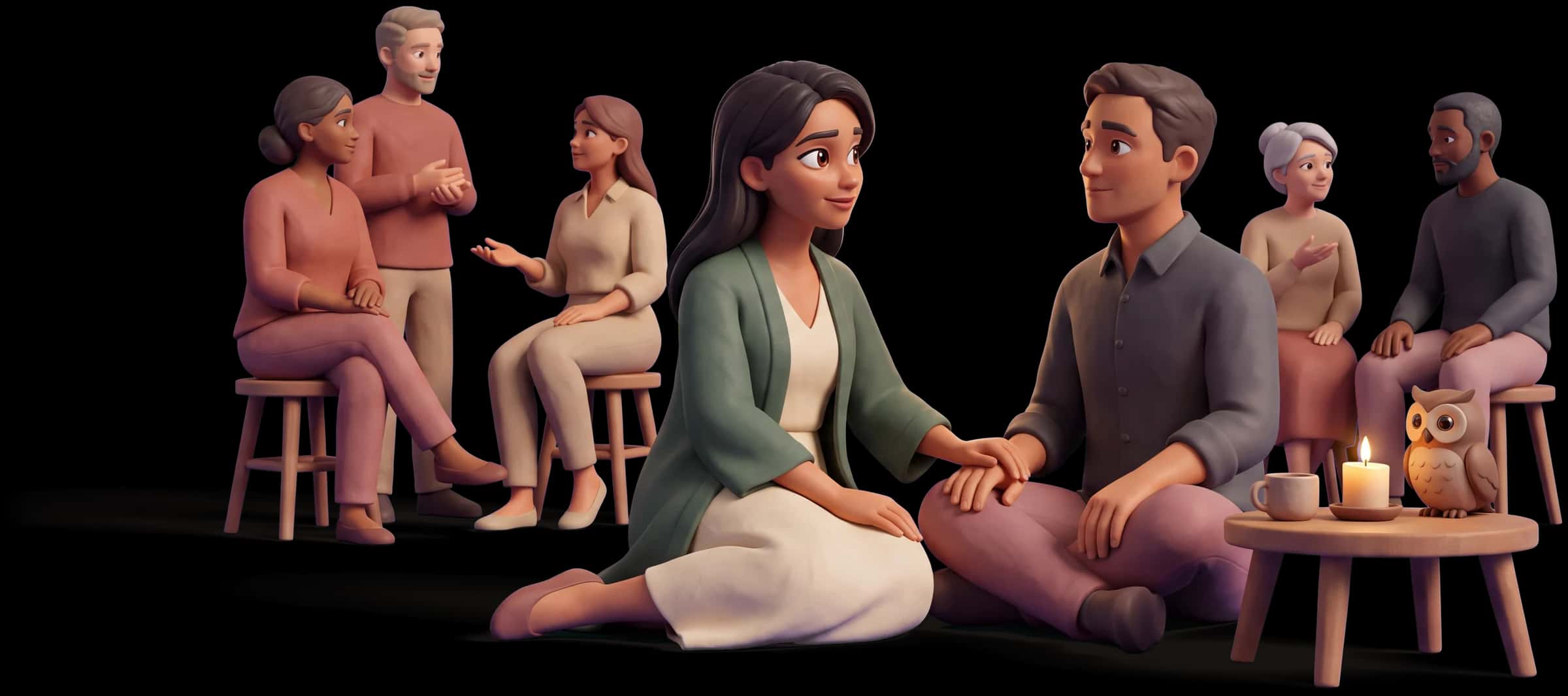Clay scene: The Mystic sits knee to knee with a partner and puts a hand over his, naming what he is feeling under the calm